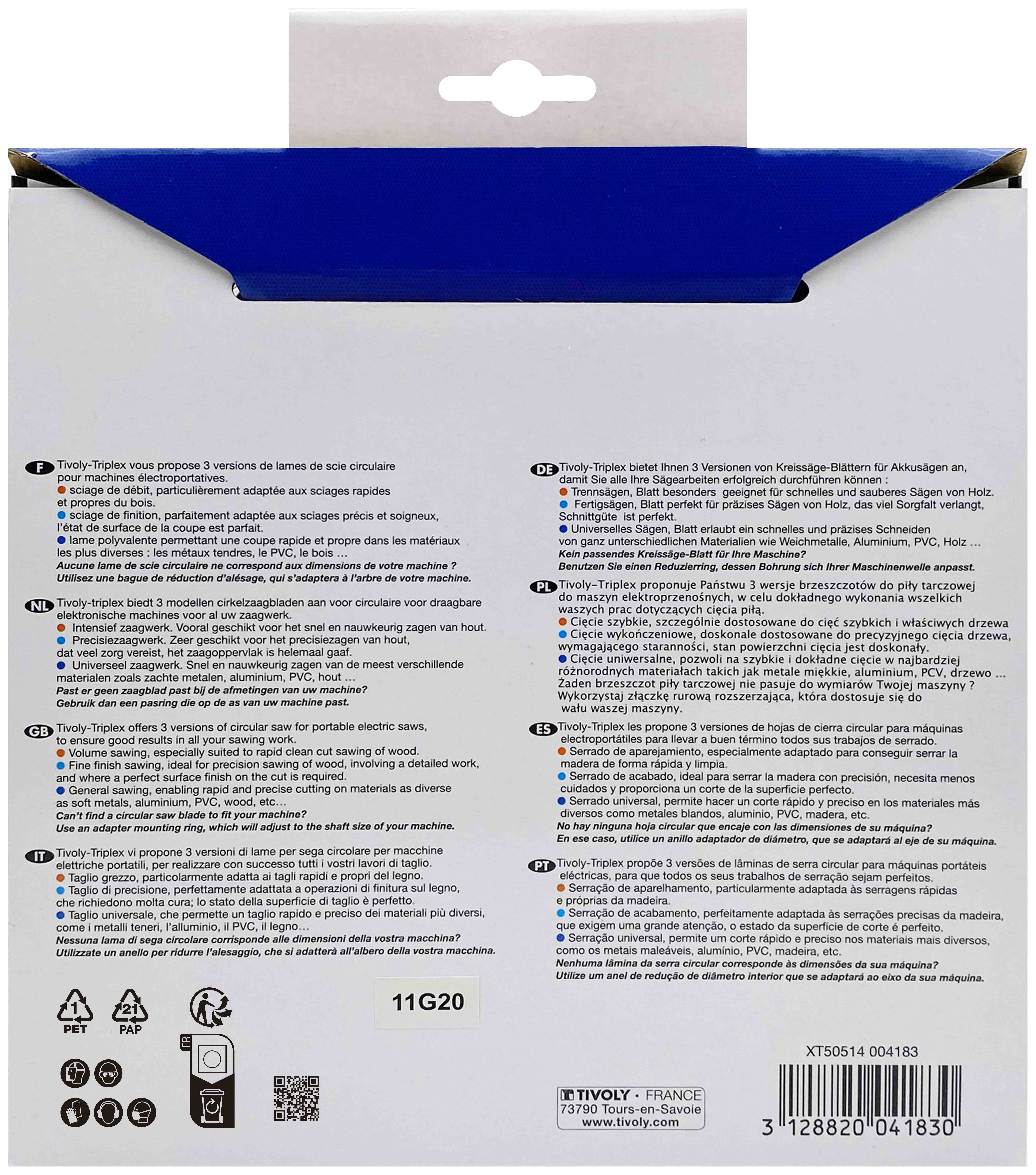 Lame de scie circulaire -Finition - Pour Bois dur, stratifié, parquet -Pour scie portative Ø: 190 x Ø2: 30 x Z: 40 TIVOLY - XT50514004183