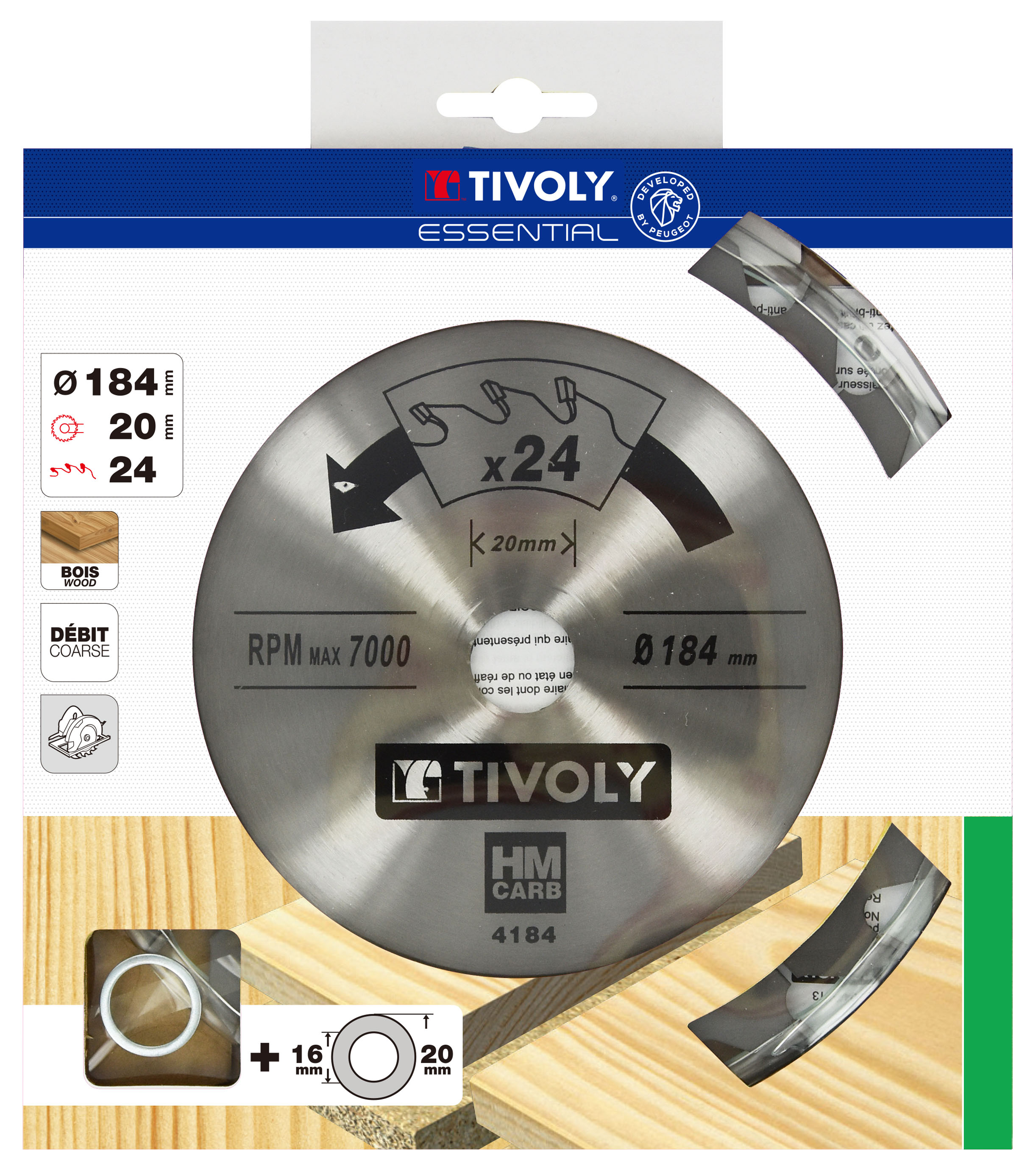 Lame de scie circulaire -Débit - Pour Bois et plâtre -Pour scie portative Ø: 184 x Ø2: 20 x Z: 24 TIVOLY - XT50514004184
