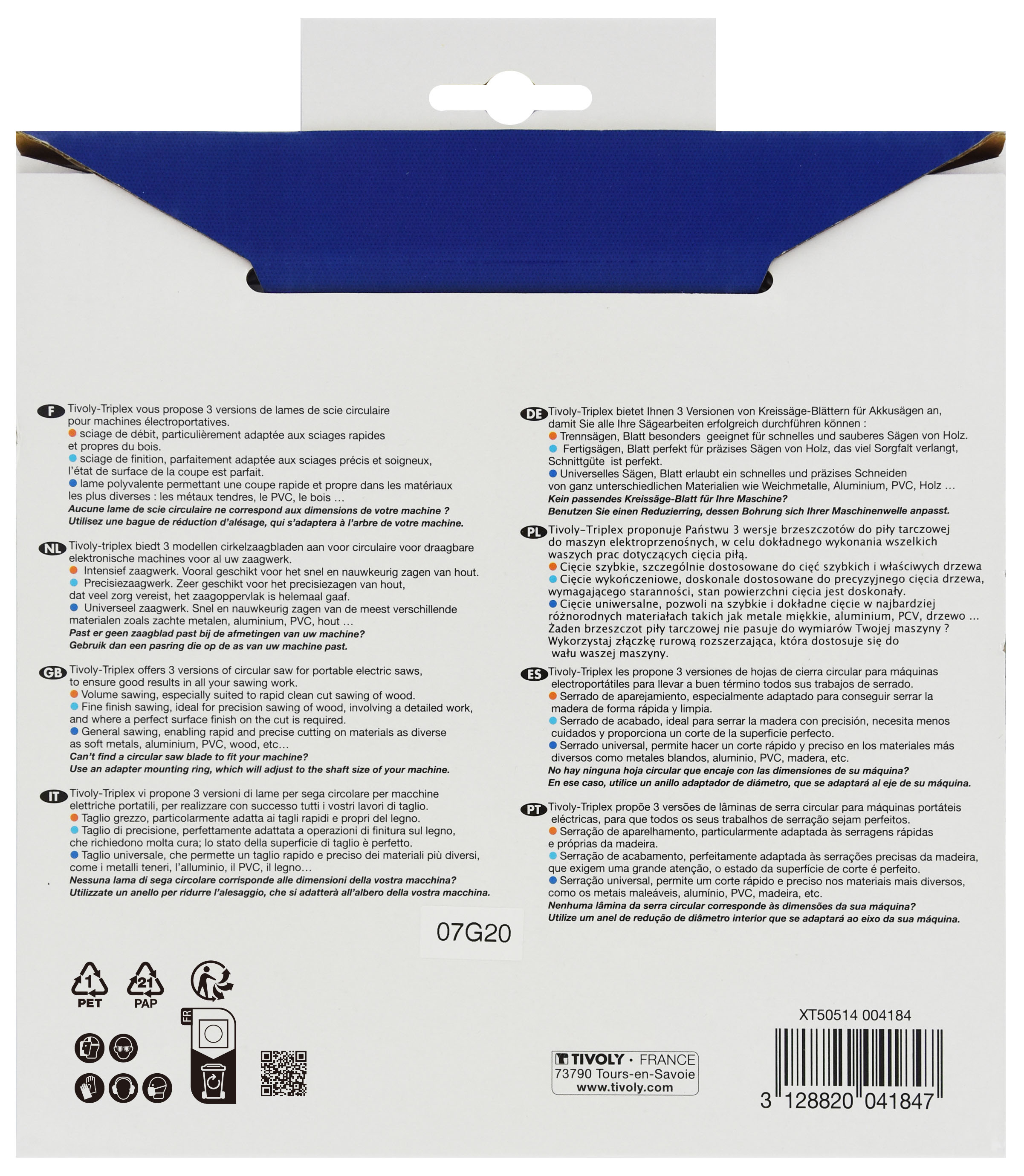 Lame de scie circulaire -Débit - Pour Bois et plâtre -Pour scie portative Ø: 184 x Ø2: 20 x Z: 24 TIVOLY - XT50514004184