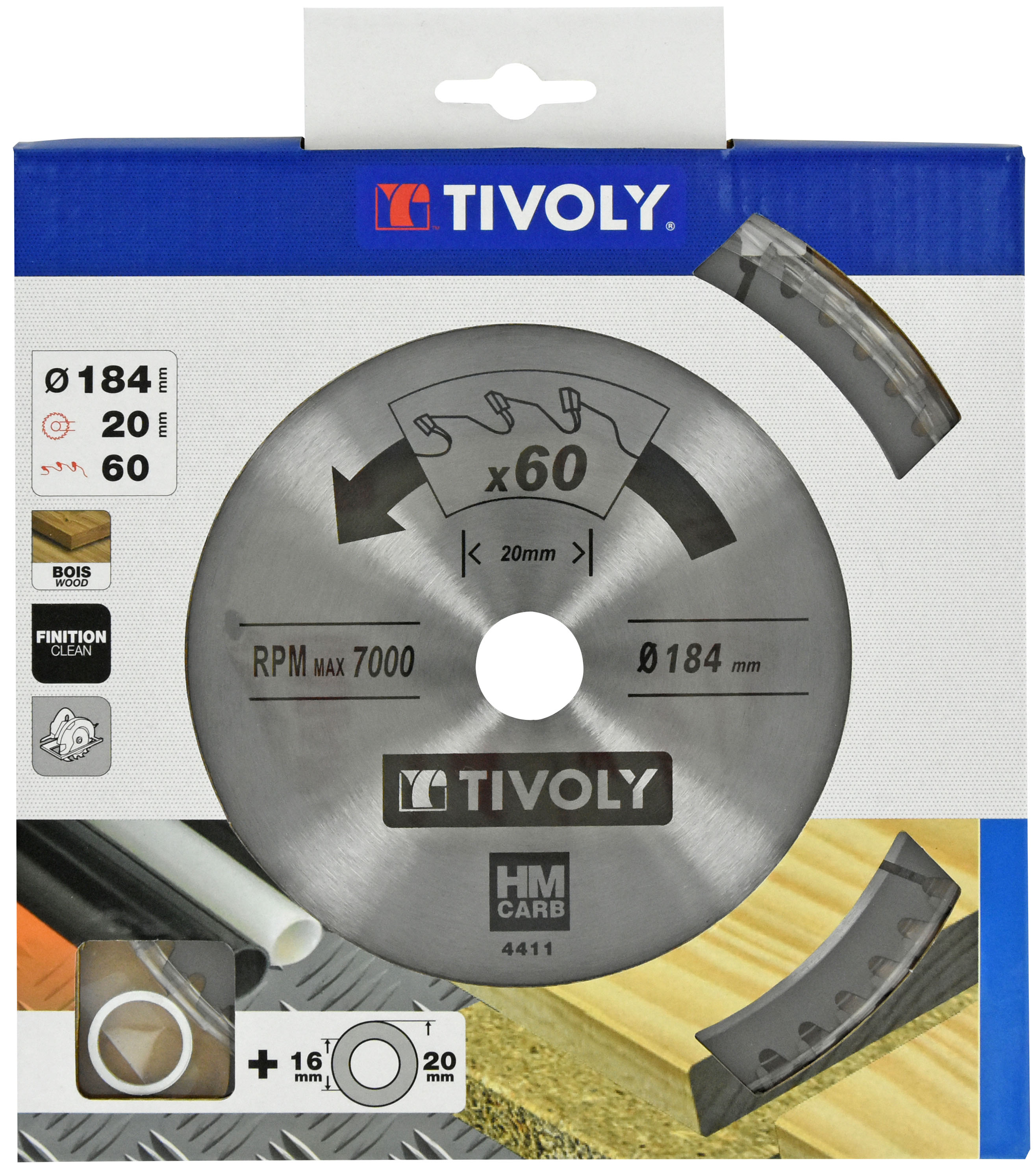 Lames de scie circulaire -Finition -Pour plastique, aluminium, bois durs -Pour scie portative Ø: 184 x Ø2: 20 x Z: 60 TIVOLY - XT50514004411