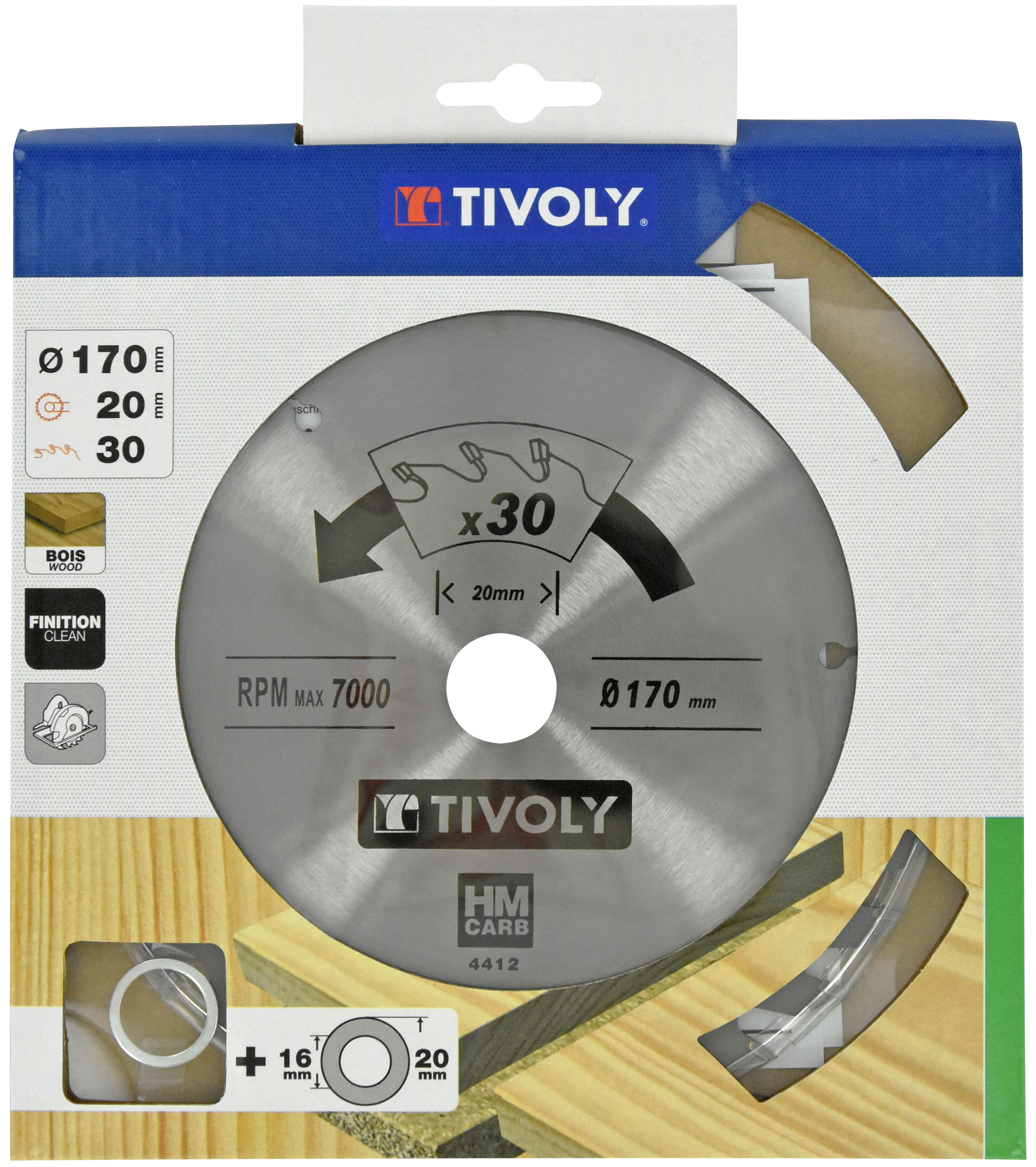 Lame de scie circulaire -Finition - Pour Bois dur, stratifié, parquet -Pour scie portative Ø: 170 x Ø2: 20 x Z: 30 TIVOLY - XT50514004412