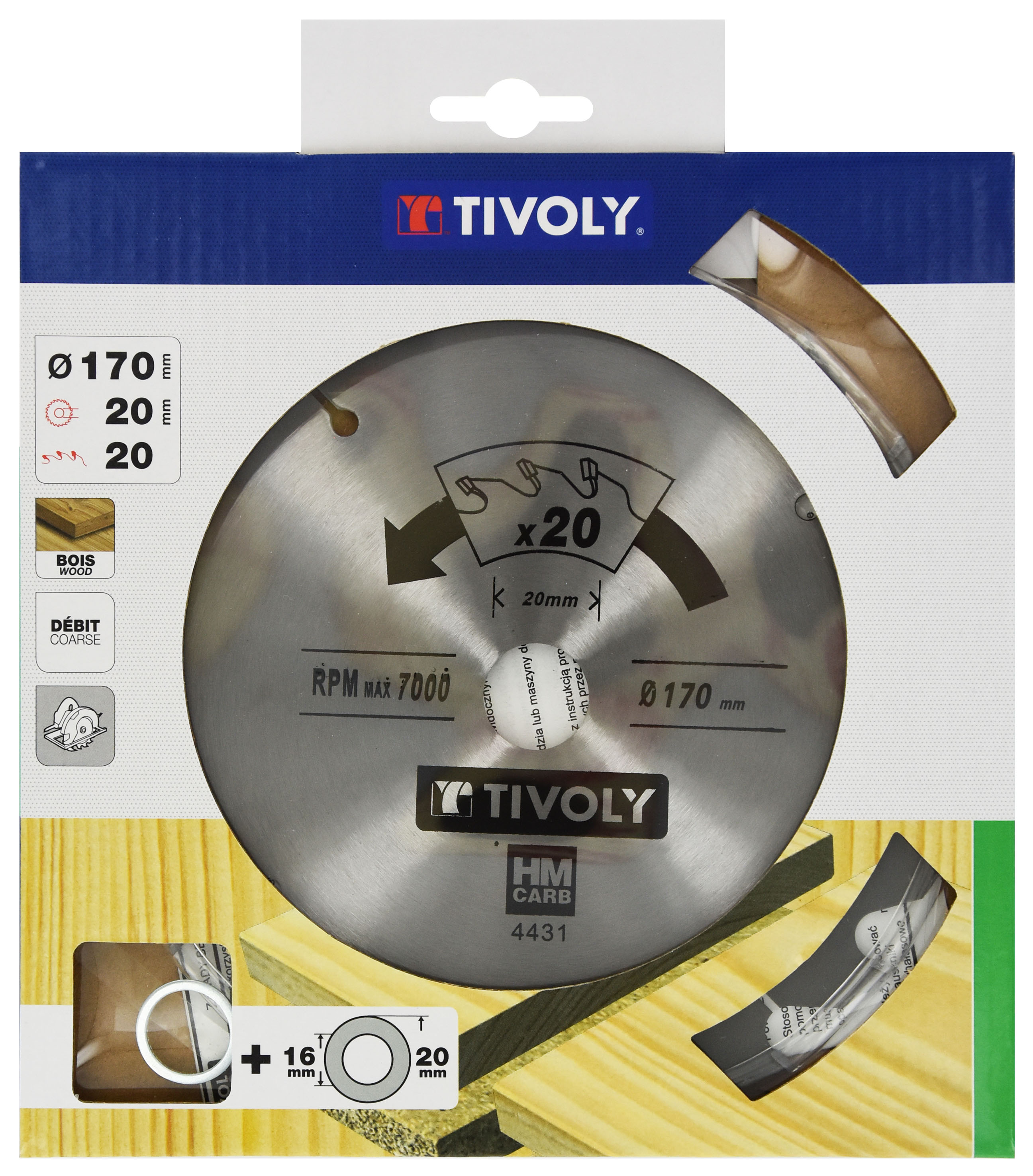 Lame de scie circulaire -Débit - Pour Bois et plâtre -Pour scie portative Ø: 170 x Ø2: 20 x Z: 20 TIVOLY - XT50514004431