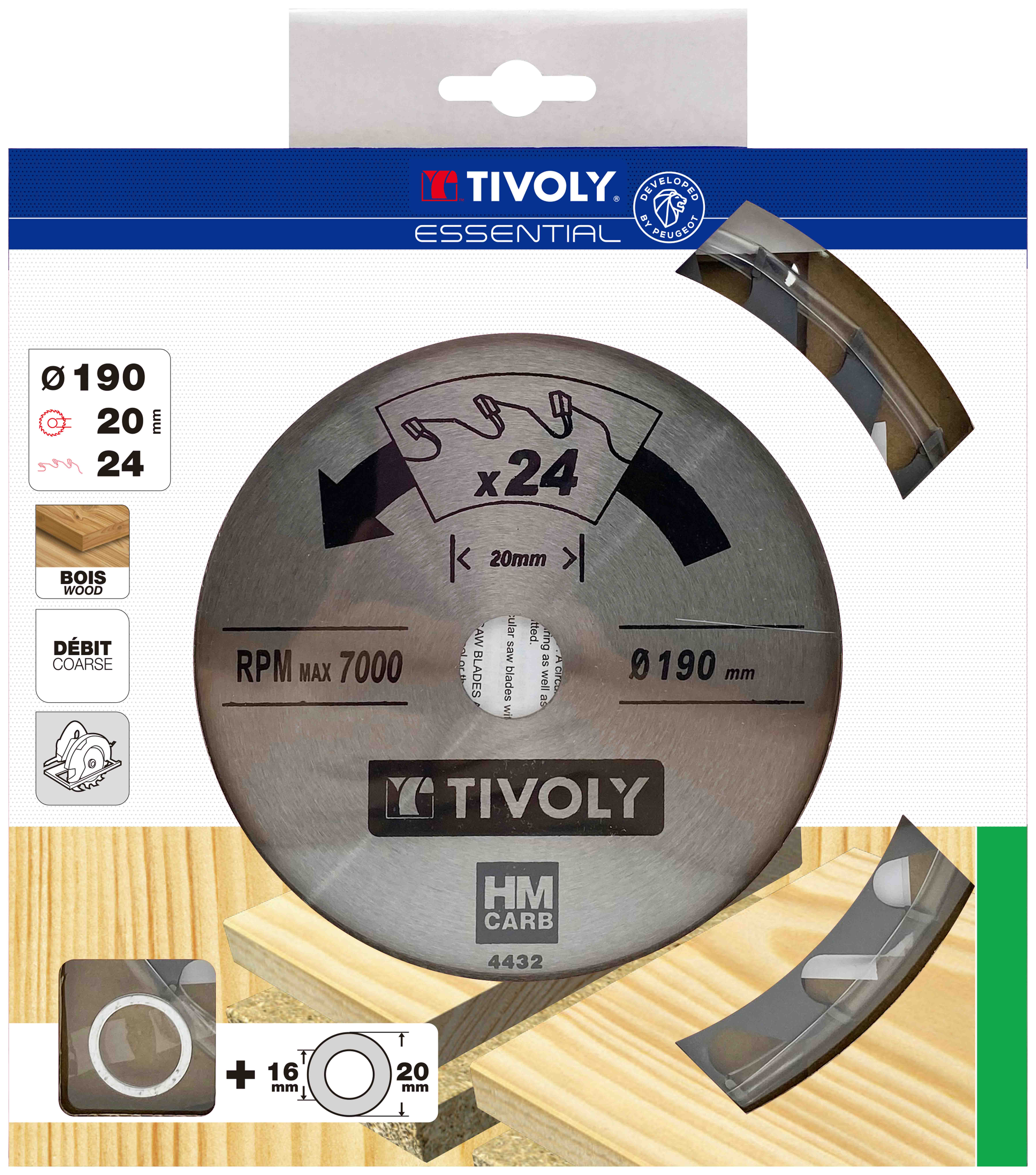 Lame de scie circulaire -Débit - Pour Bois et plâtre -Pour scie portative Ø: 190 x Ø2: 20 x Z: 24 TIVOLY - XT50514004432