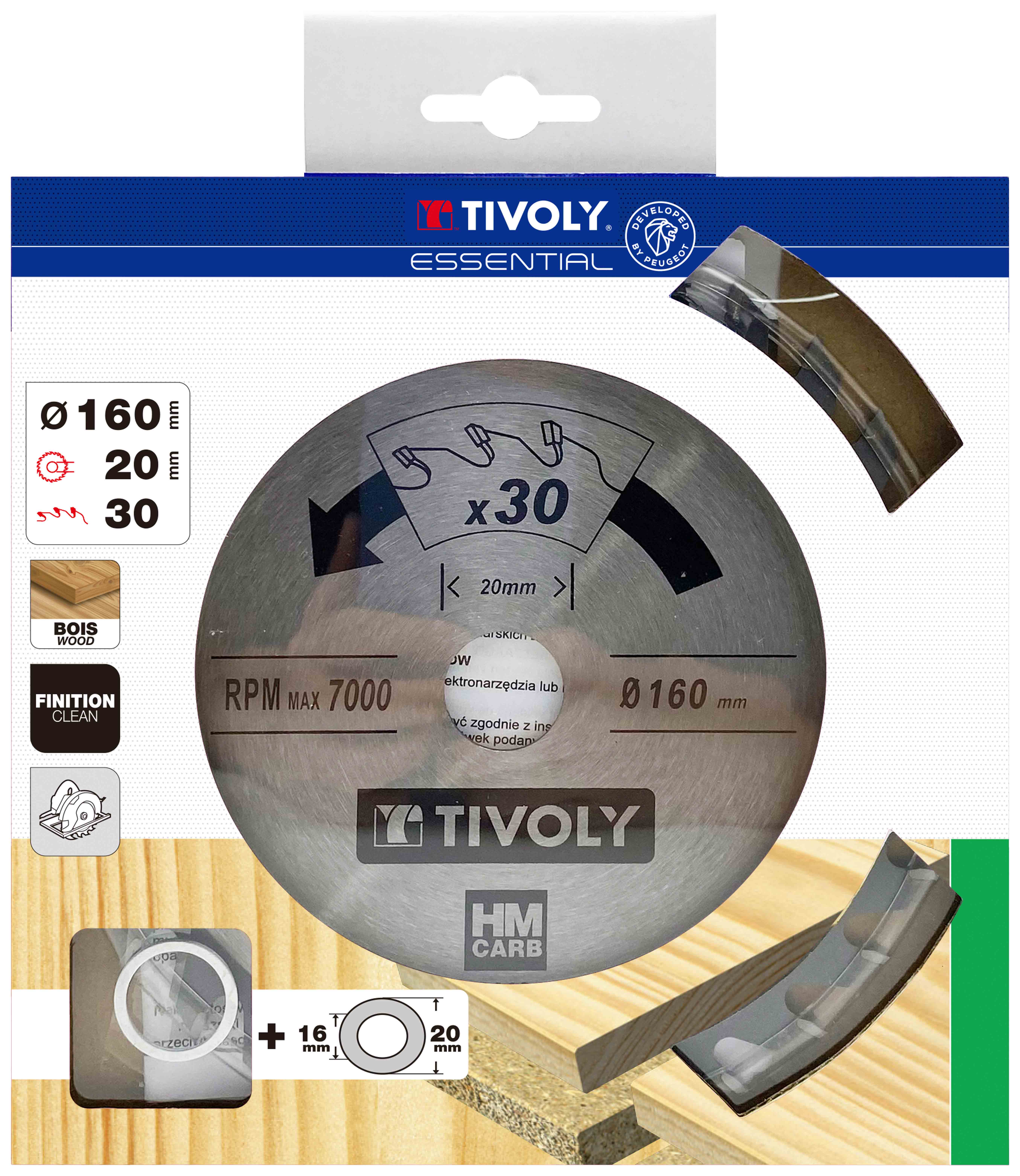 Lame de scie circulaire -Finition - Pour Bois dur, stratifié, parquet -Pour scie portative Ø: 160 x Ø2: 20 x Z: 30 TIVOLY - XT50514004440