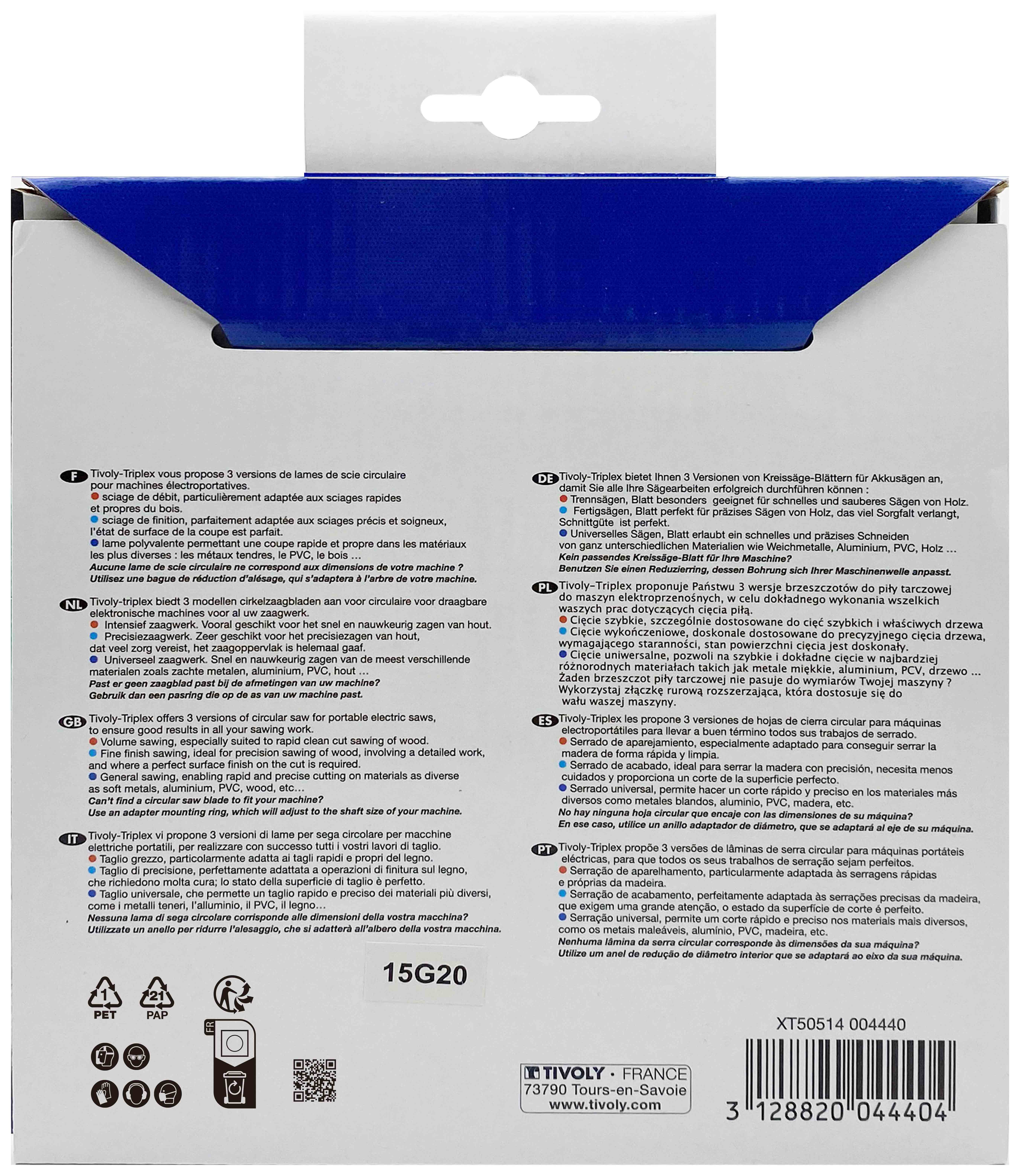 Lame de scie circulaire -Finition - Pour Bois dur, stratifié, parquet -Pour scie portative Ø: 160 x Ø2: 20 x Z: 30 TIVOLY - XT50514004440