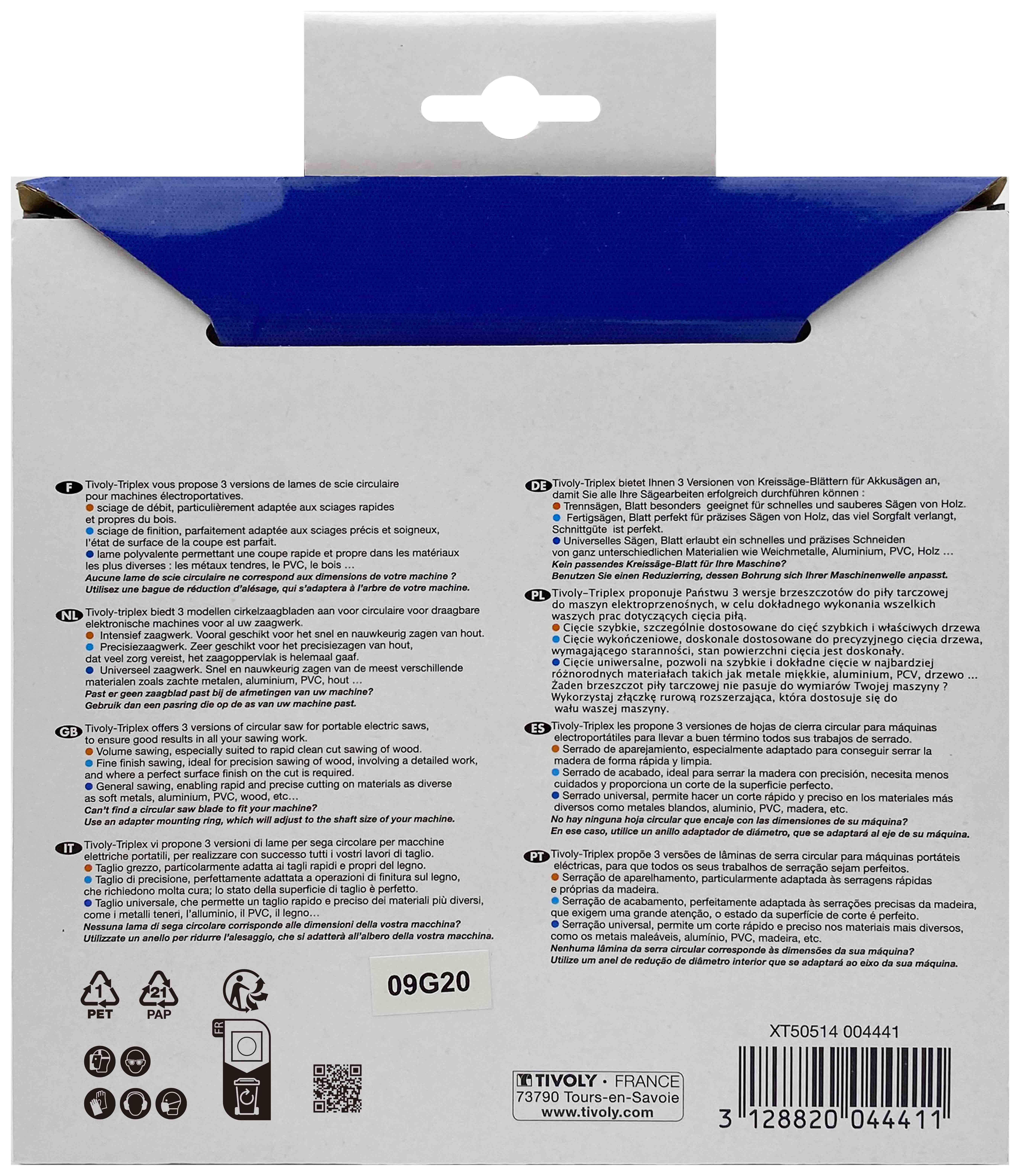 Lame de scie circulaire -Finition - Pour Bois dur, stratifié, parquet -Pour scie portative Ø: 160 x Ø2: 30 x Z: 30 TIVOLY - XT50514004441