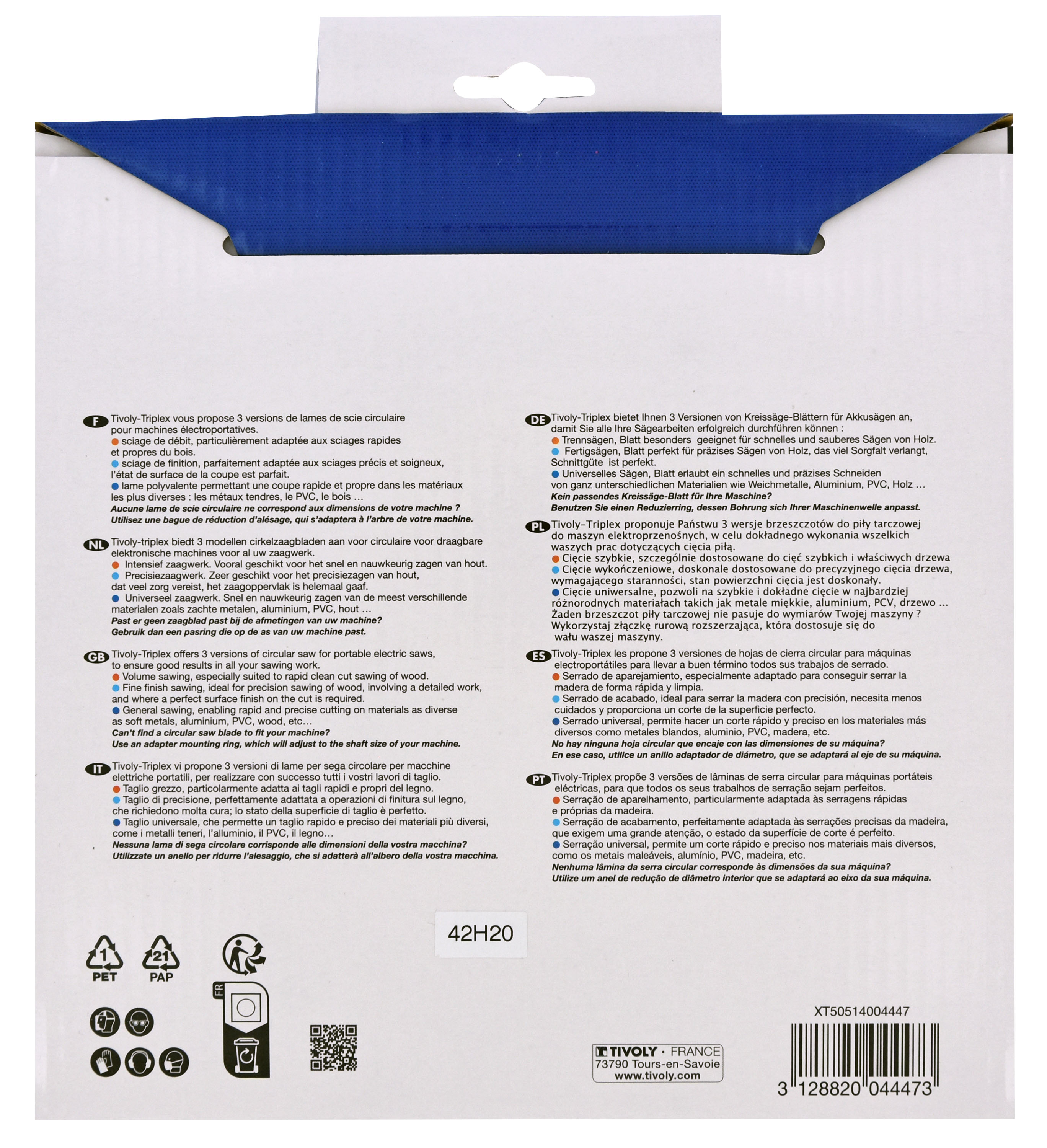 Lame de scie circulaire -Finition - Pour Bois dur, stratifié, parquet -Pour scie portative Ø: 210 x Ø2: 30 x Z: 40 TIVOLY - XT50514004447