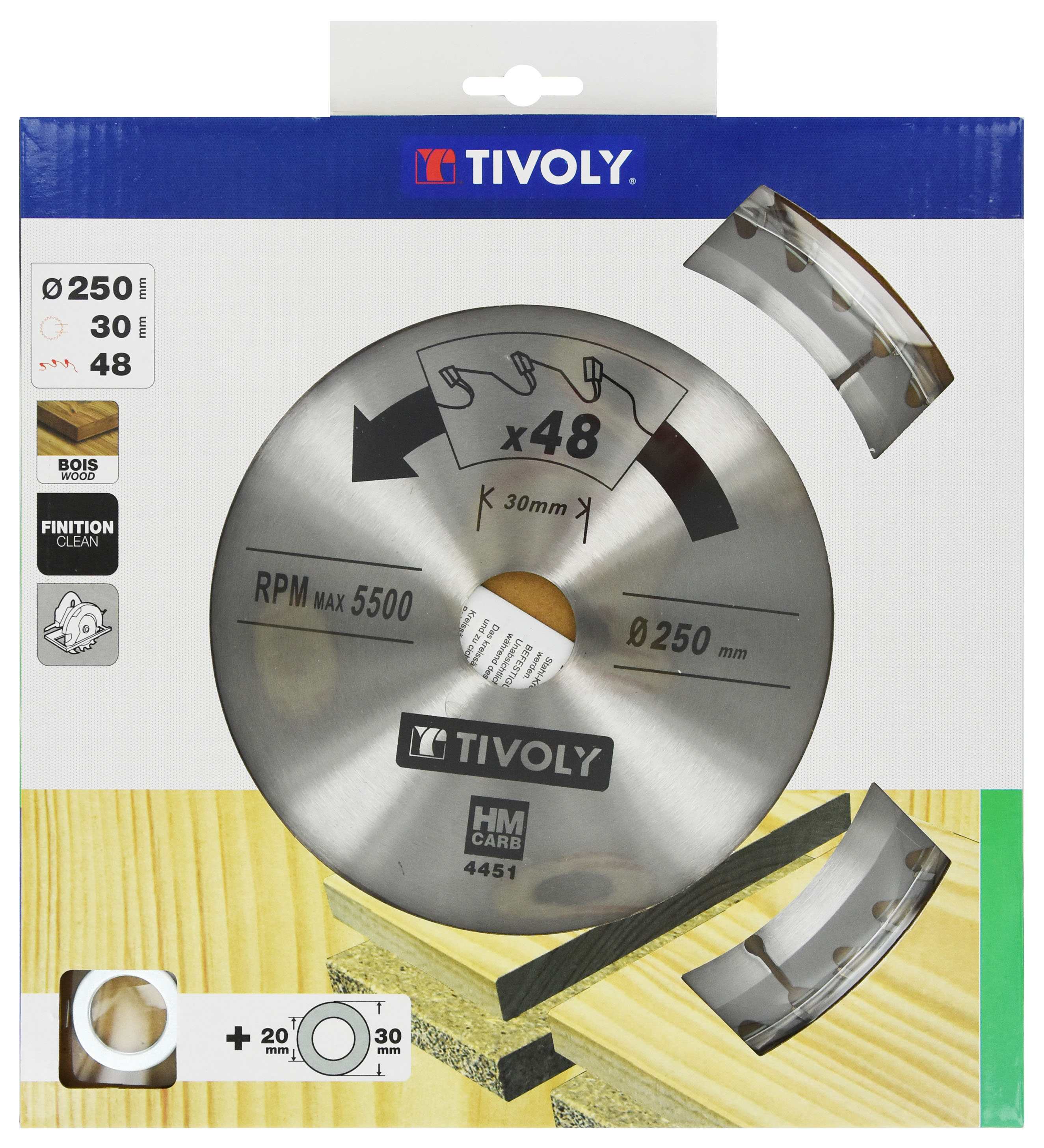 Lame de scie circulaire -Finition - Pour Bois dur, stratifié, parquet -Pour scie portative Ø: 250 x Ø2: 30 x Z: 48 TIVOLY - XT50514004451