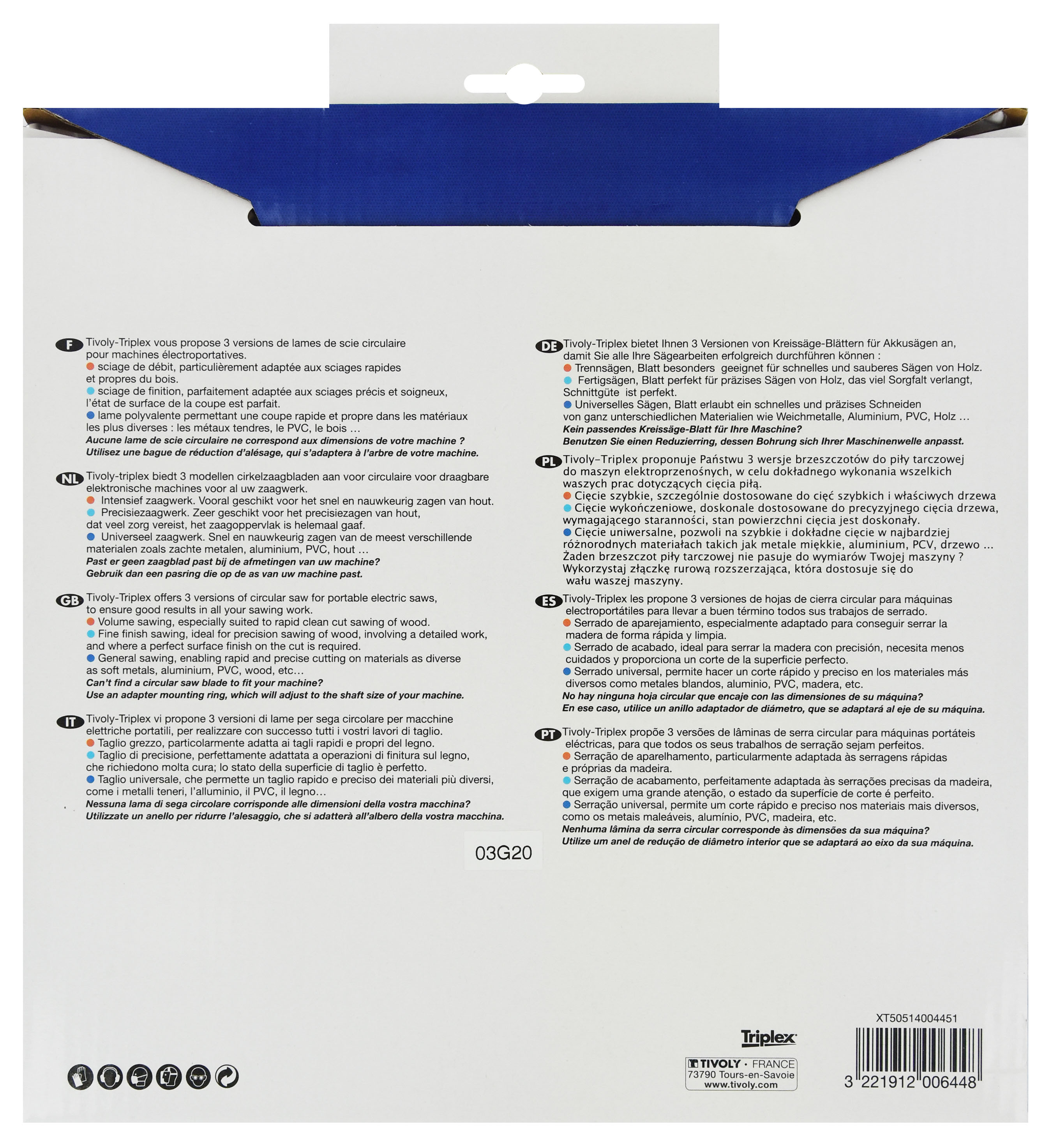 Lame de scie circulaire -Finition - Pour Bois dur, stratifié, parquet -Pour scie portative Ø: 250 x Ø2: 30 x Z: 48 TIVOLY - XT50514004451