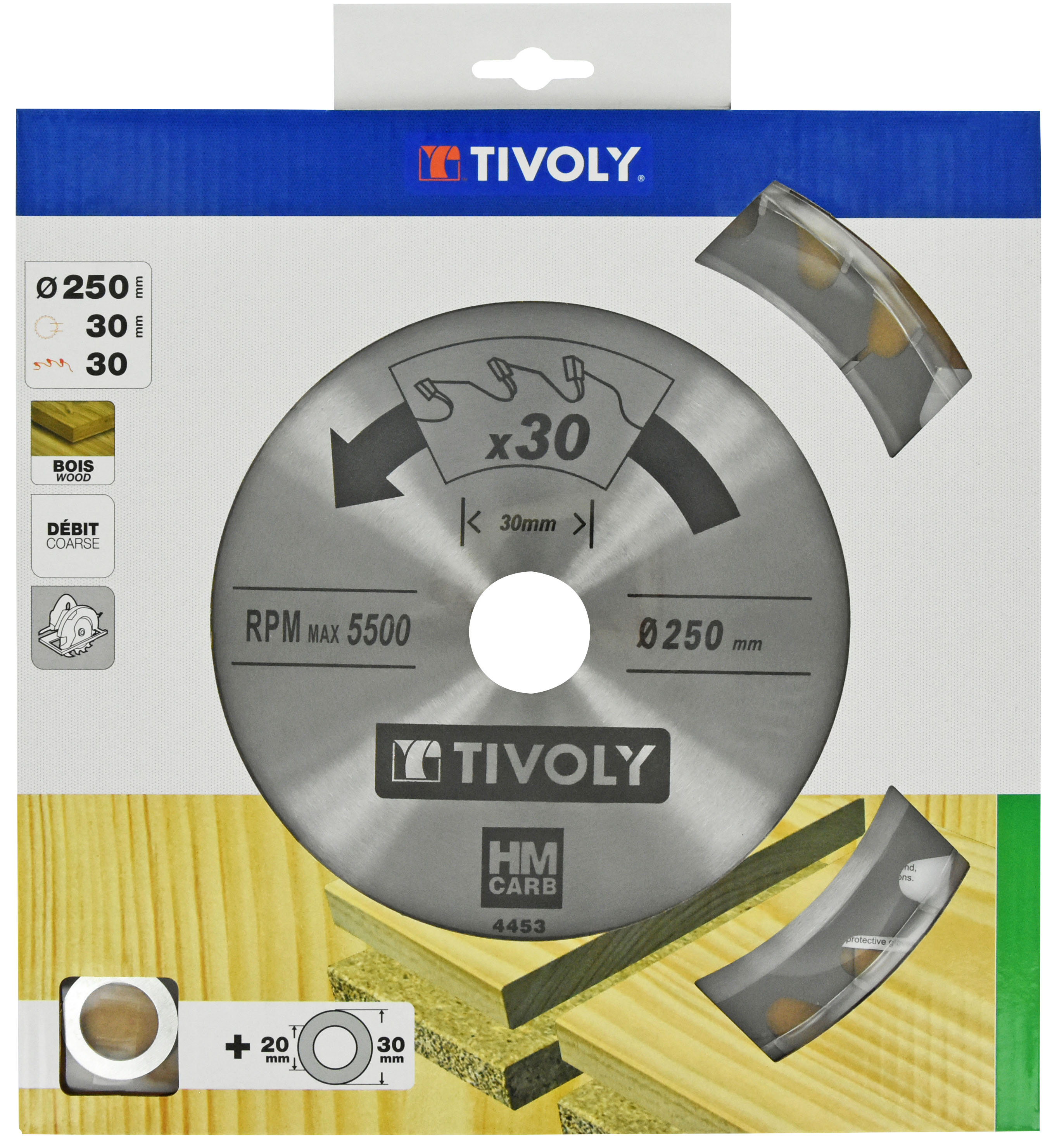 Lame de scie circulaire -Débit - Pour Bois et plâtre -Pour scie portative Ø: 250 x Ø2: 30 x Z: 30 TIVOLY - XT50514004453