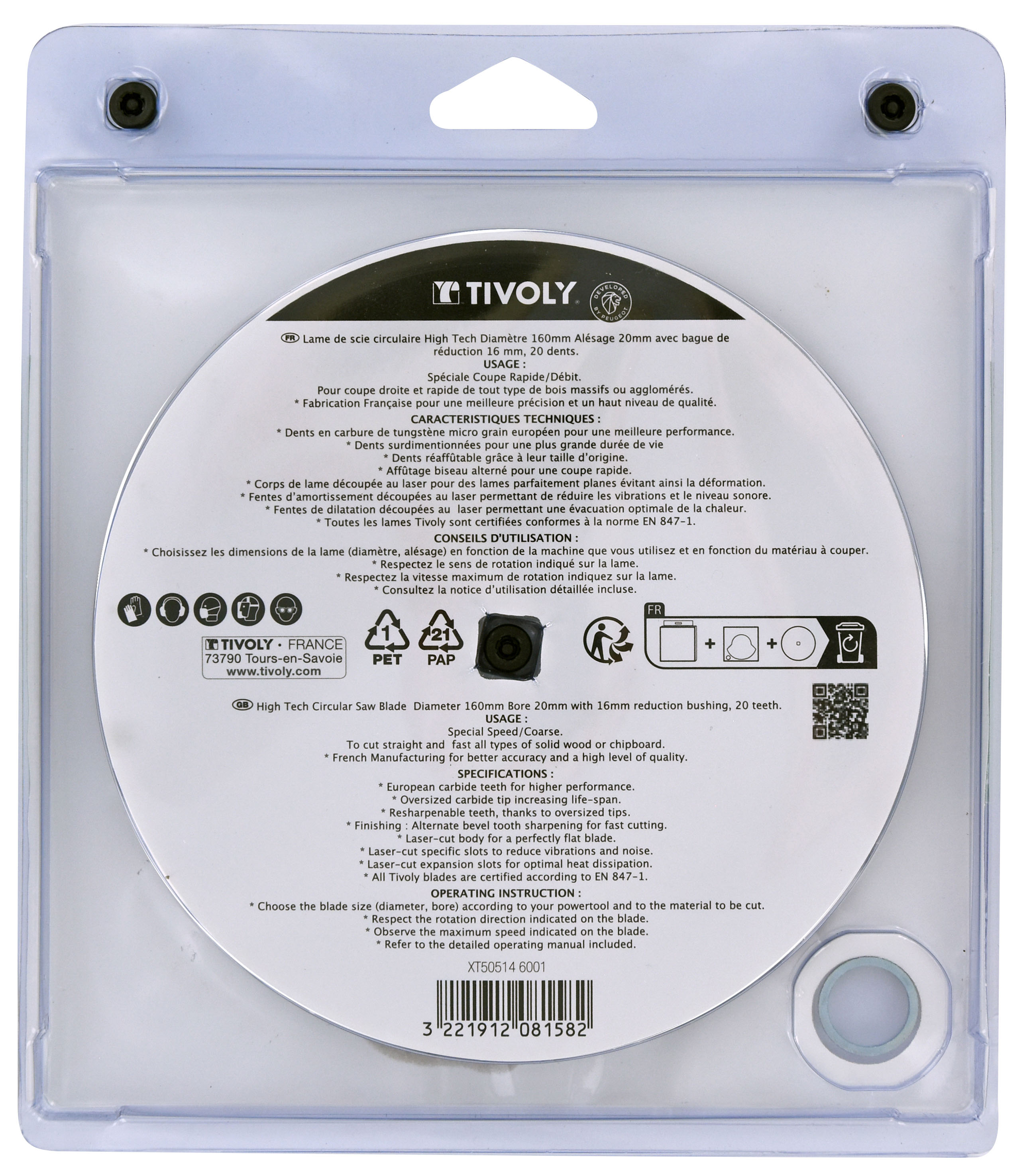 Lame de scie circulaire -Débit - Pour Bois -Pour scie portative Ø: 160 x Ø2: 20 x Z: 20 TIVOLY - XT505146001