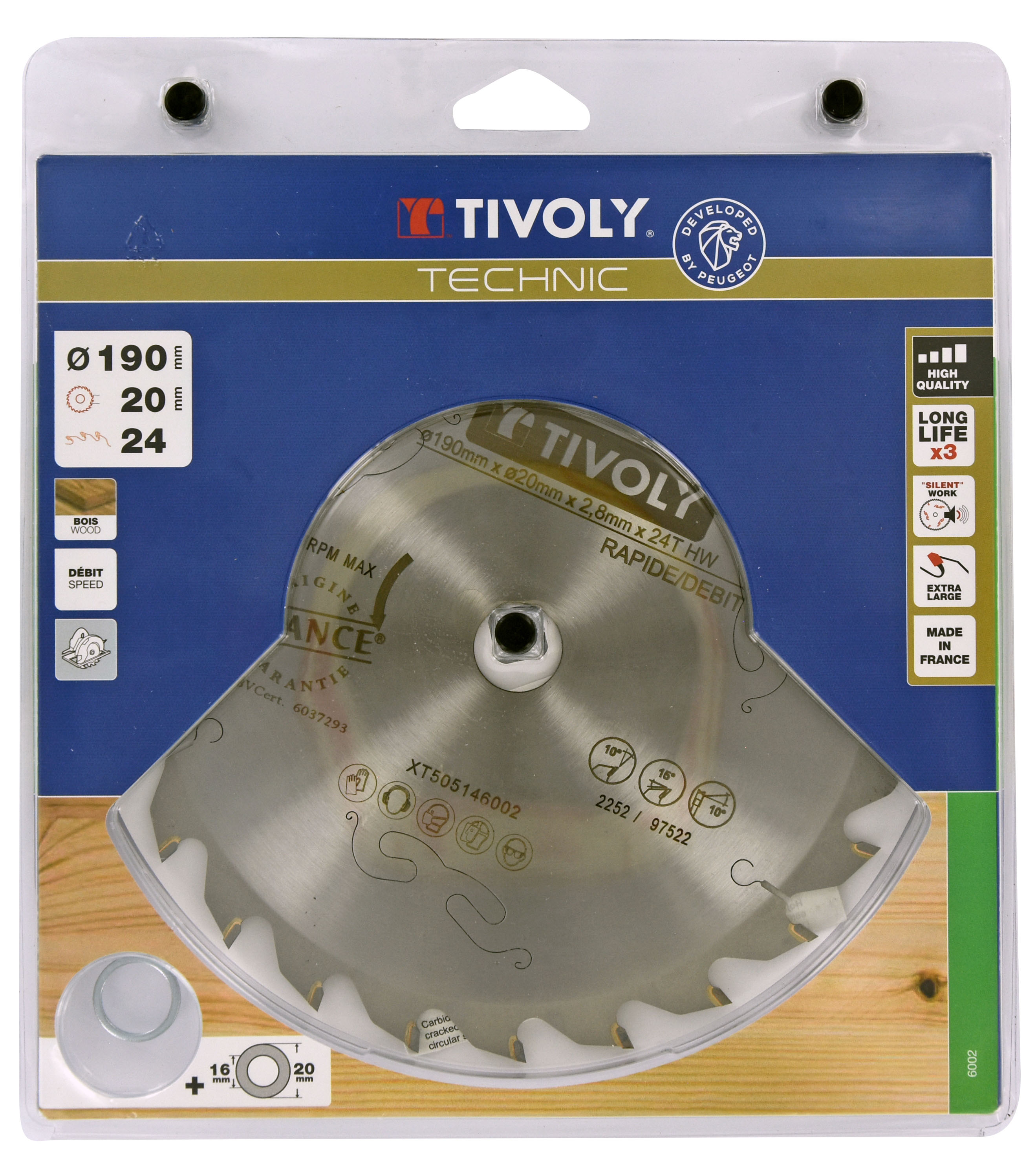 Lame de scie circulaire -Débit - Pour Bois -Pour scie portative Ø: 190 x Ø2: 20 x Z: 24 TIVOLY - XT505146002