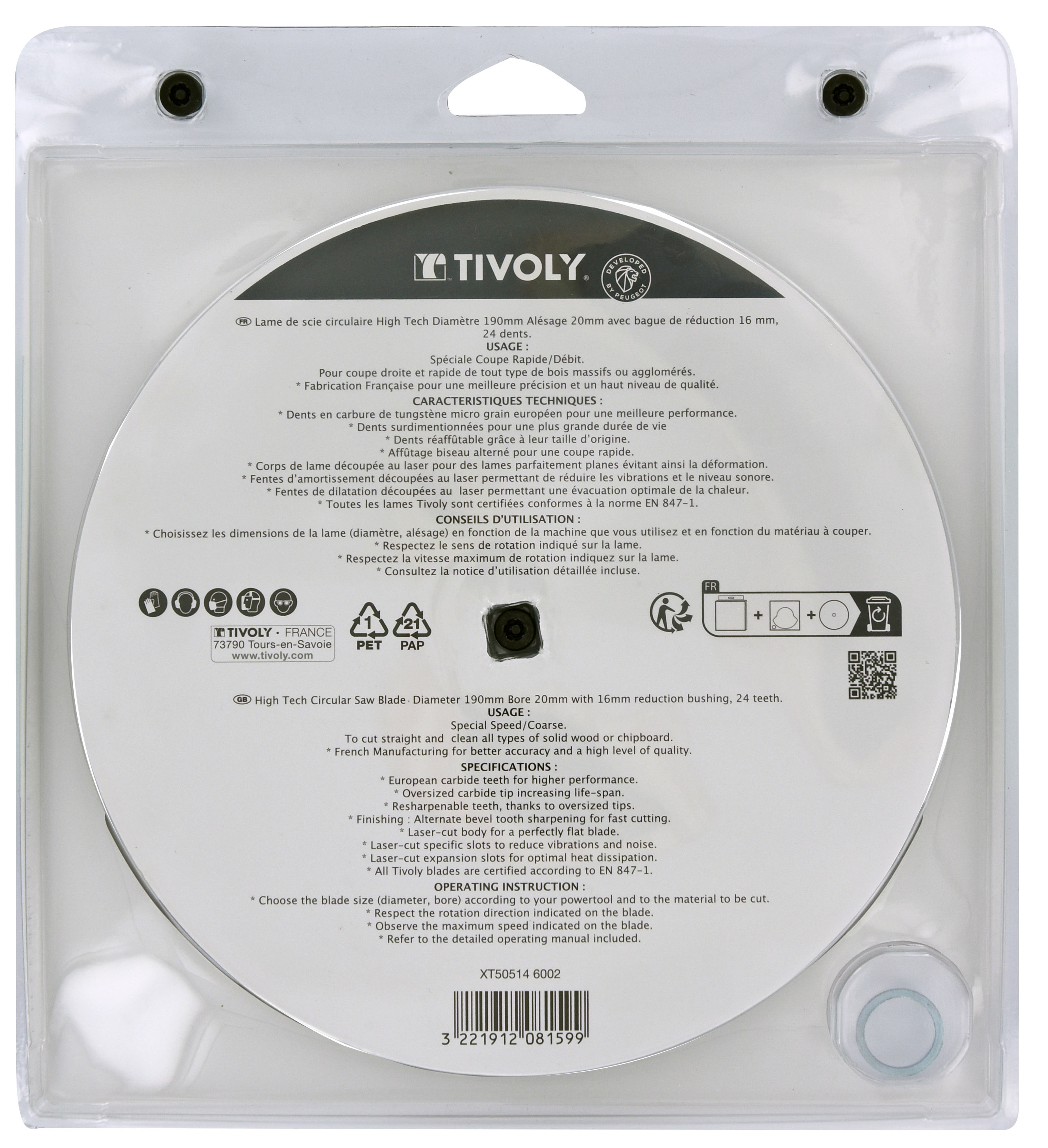 Lame de scie circulaire -Débit - Pour Bois -Pour scie portative Ø: 190 x Ø2: 20 x Z: 24 TIVOLY - XT505146002