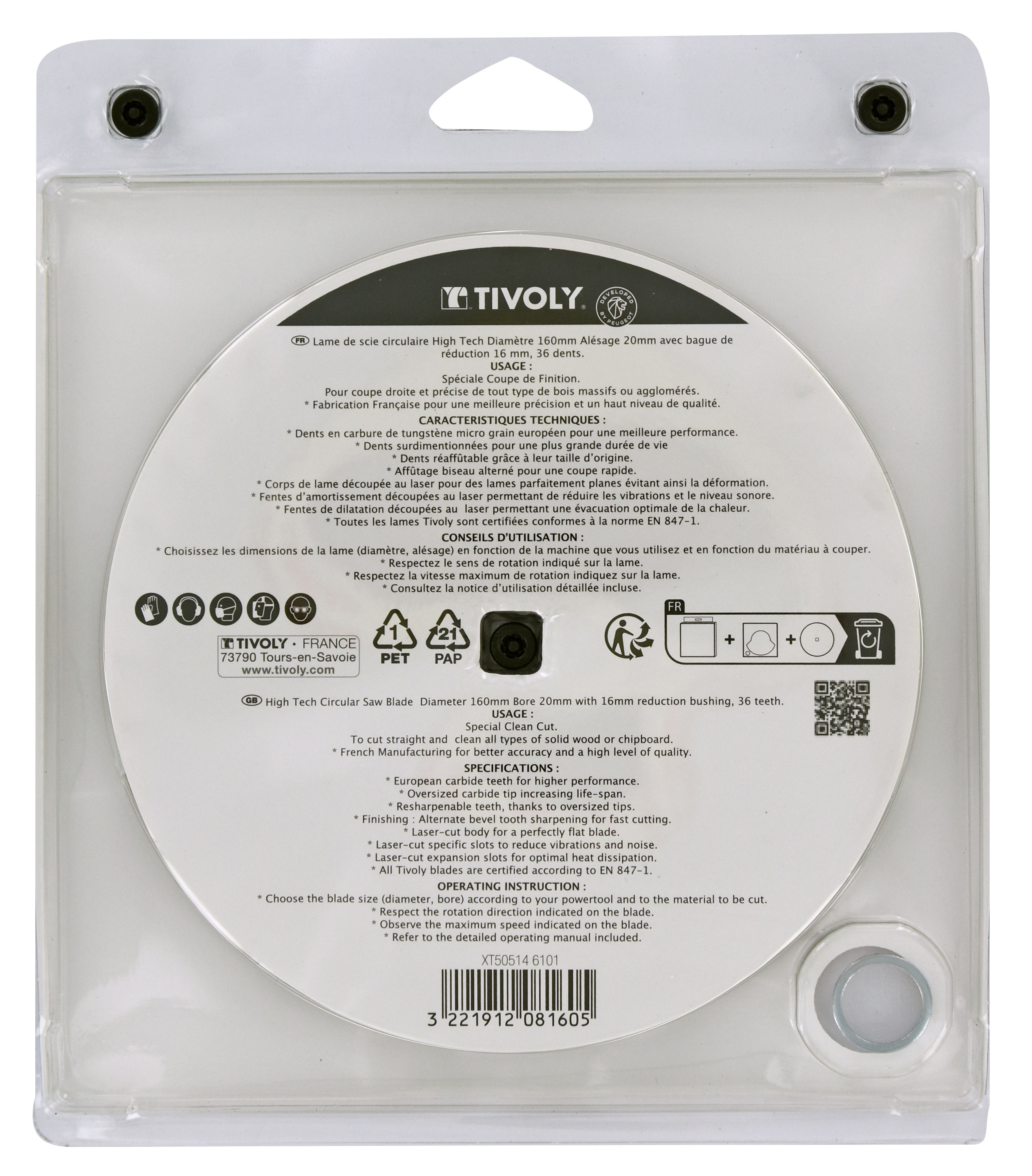 Lames de scie circulaire -Finition -Pour bois -Pour scie portative Ø: 160 x Ø2: 20 x Z: 36 TIVOLY - XT505146101