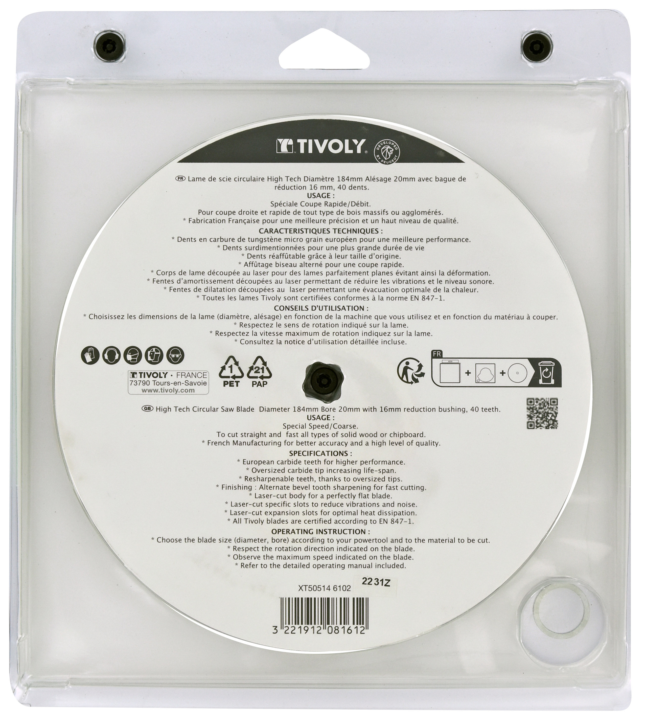Lames de scie circulaire -Finition -Pour bois -Pour scie portative Ø: 184 x Ø2: 20 x Z: 40 TIVOLY - XT505146102
