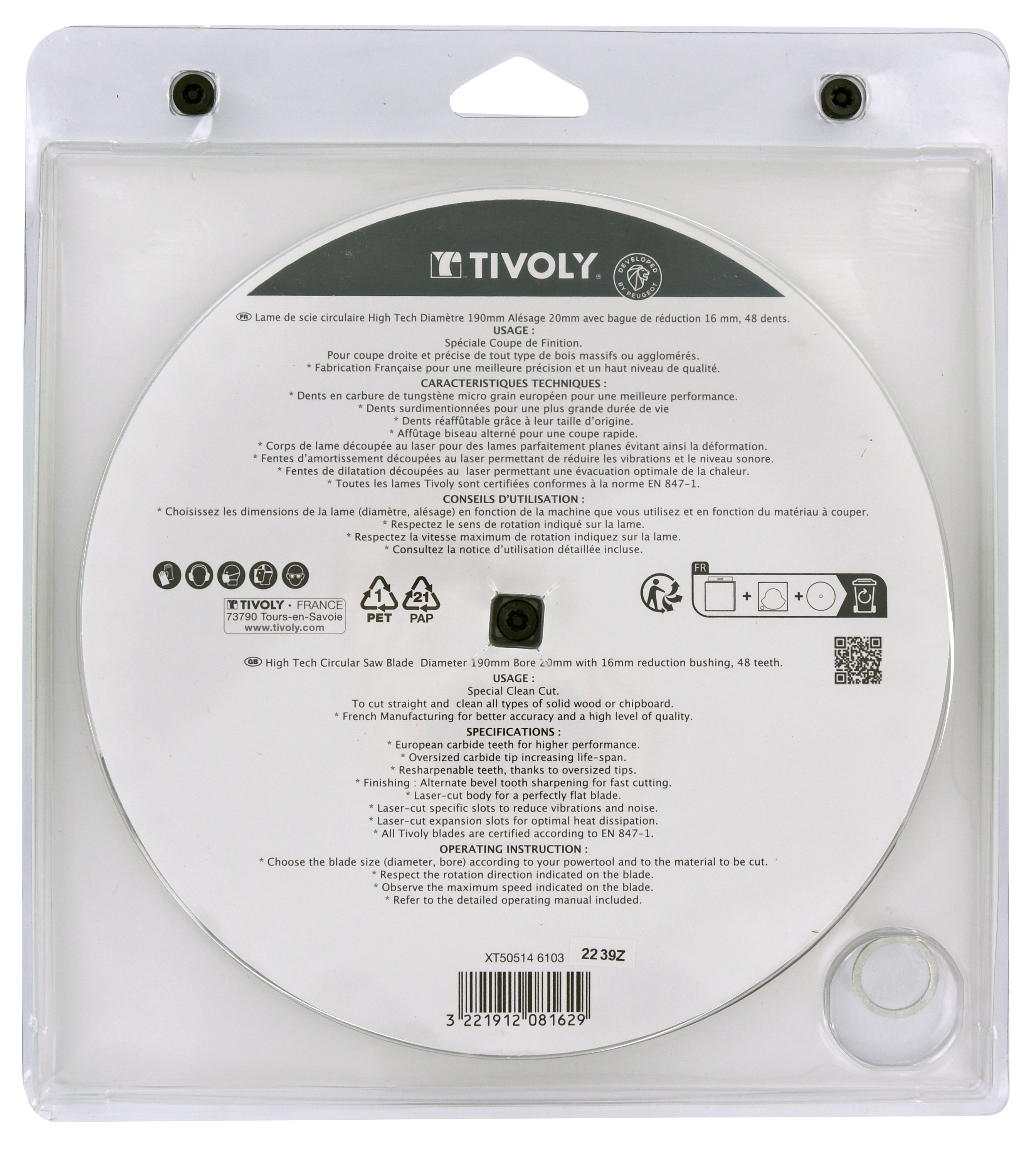 Lames de scie circulaire -Finition -Pour bois -Pour scie portative Ø: 190 x Ø2: 20 x Z: 48 TIVOLY - XT505146103