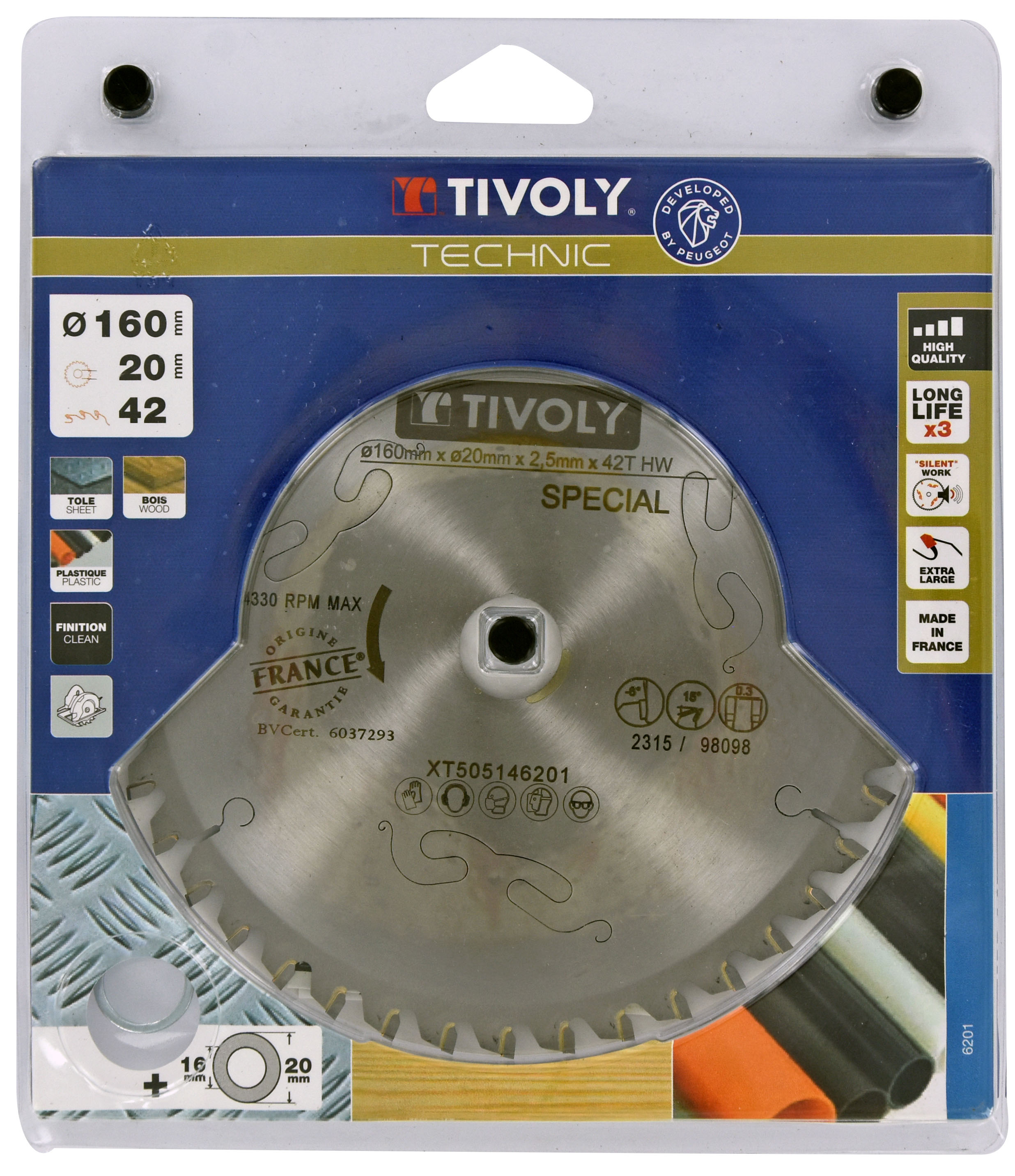 Lames de scie circulaire -Finition -Pour plastique, aluminium, acier inoxydable -Pour scie portative Ø: 160 x Ø2: 20 x Z: 42 TIVOLY - XT505146201
