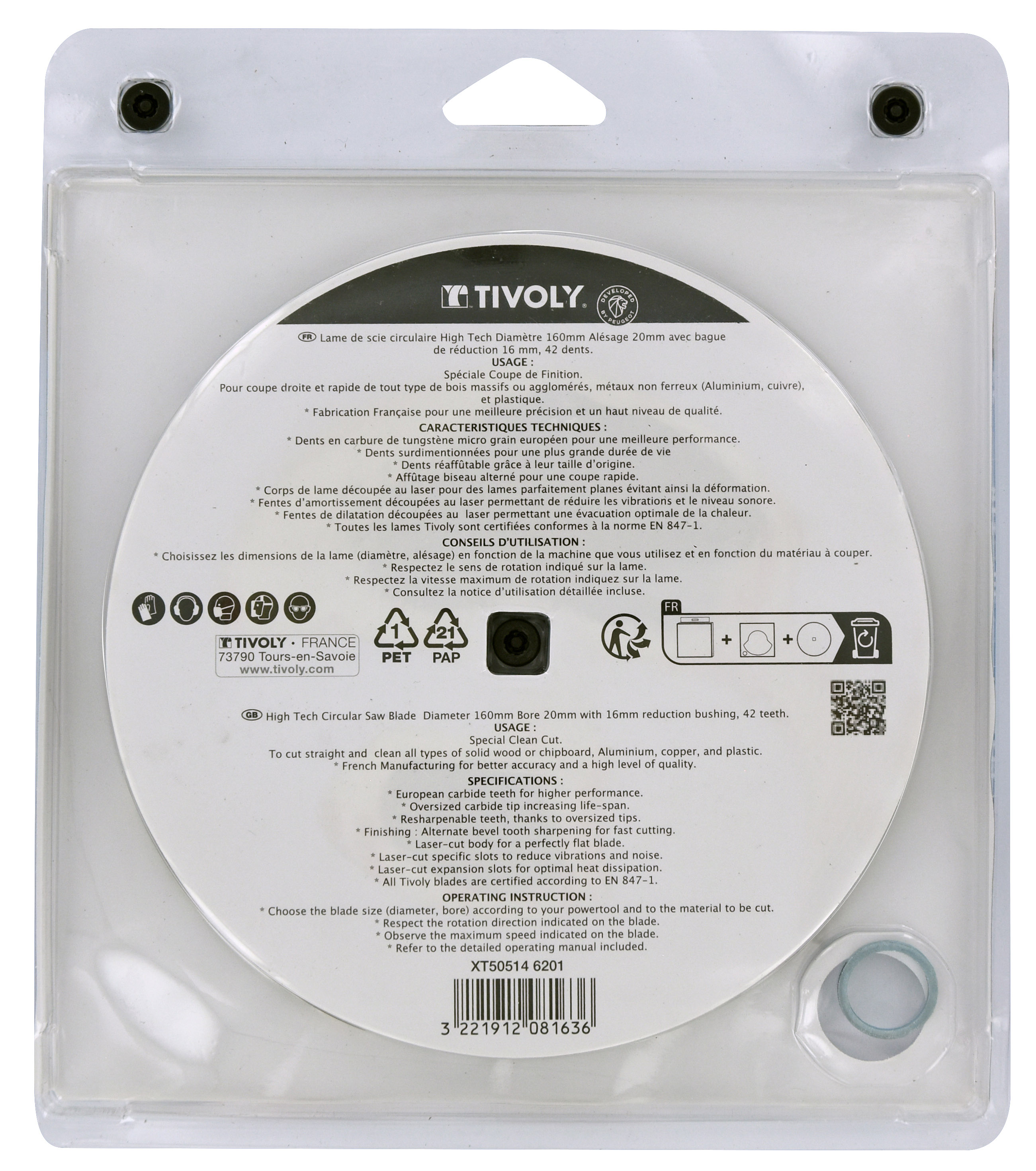 Lames de scie circulaire -Finition -Pour plastique, aluminium, acier inoxydable -Pour scie portative Ø: 160 x Ø2: 20 x Z: 42 TIVOLY - XT505146201