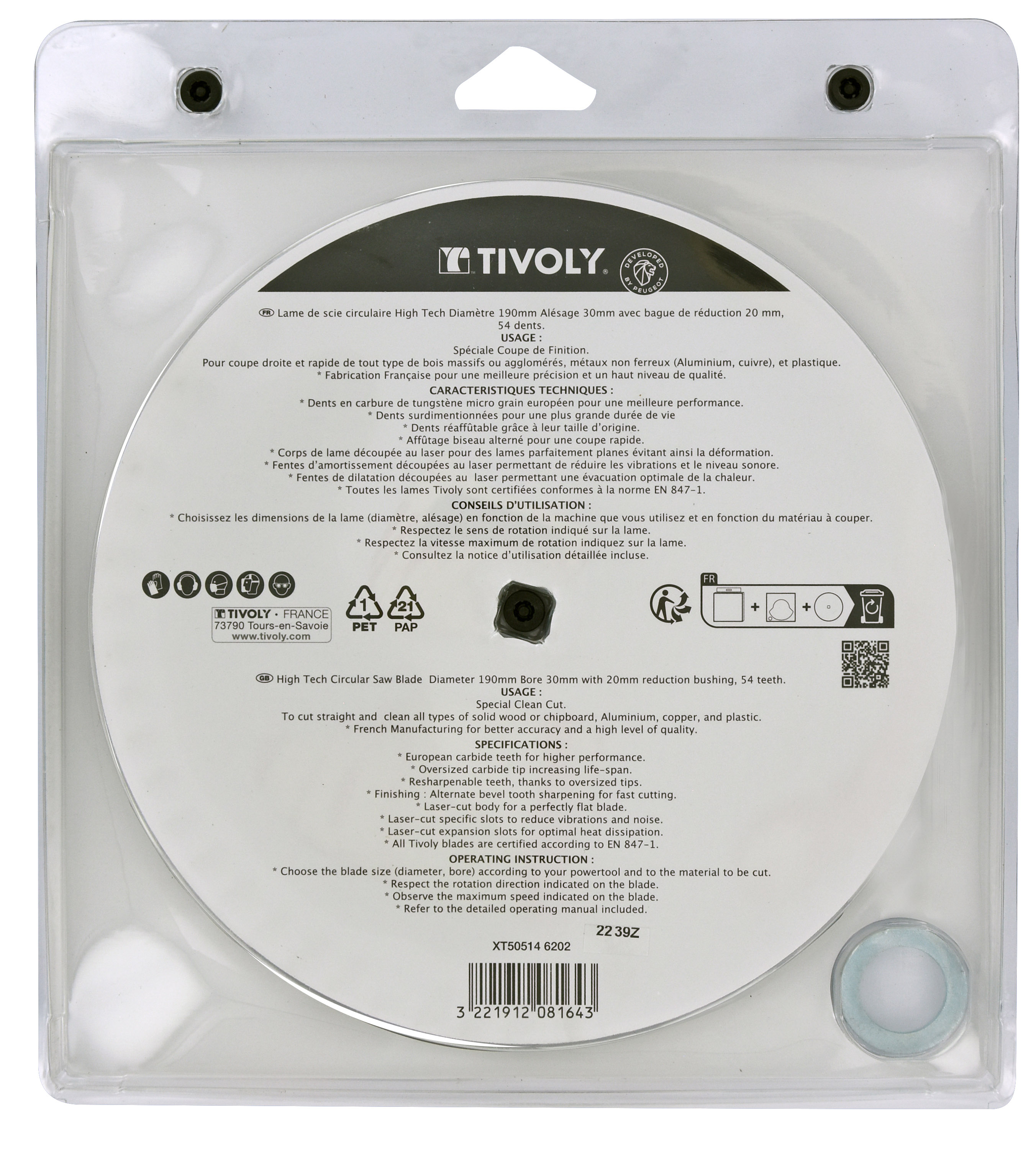 Lames de scie circulaire -Finition -Pour plastique, aluminium, acier inoxydable -Pour scie portative Ø: 190 x Ø2: 30 x Z: 54 TIVOLY - XT505146202