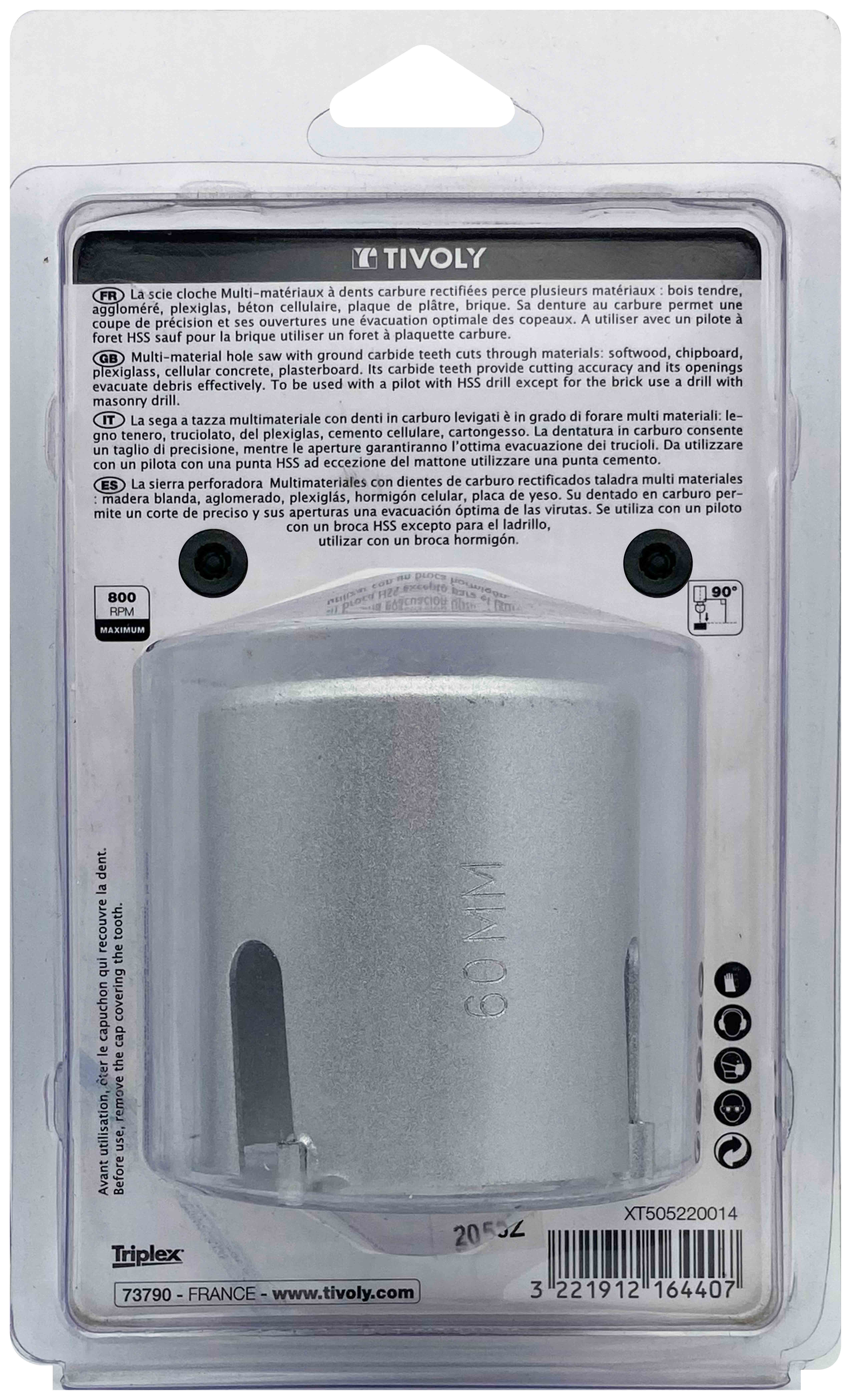 Scie cloche multi-matériaux à dents carbure HM (Blister Box) / H: 55 Ø: 60 TIVOLY - XT505220014