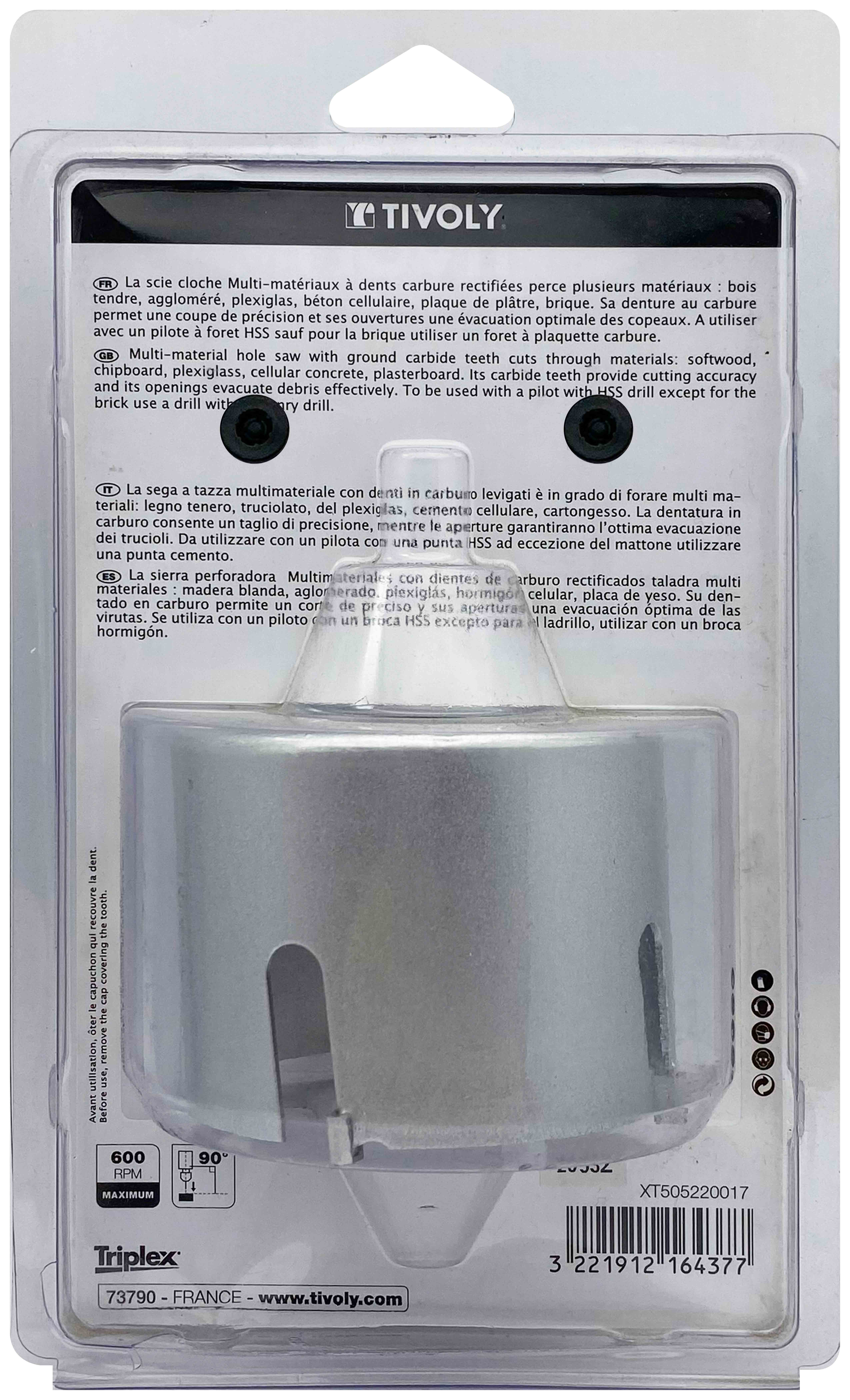 Scie cloche multi-matériaux à dents carbure HM (Blister Box) / H: 55 Ø: 85 TIVOLY - XT505220017