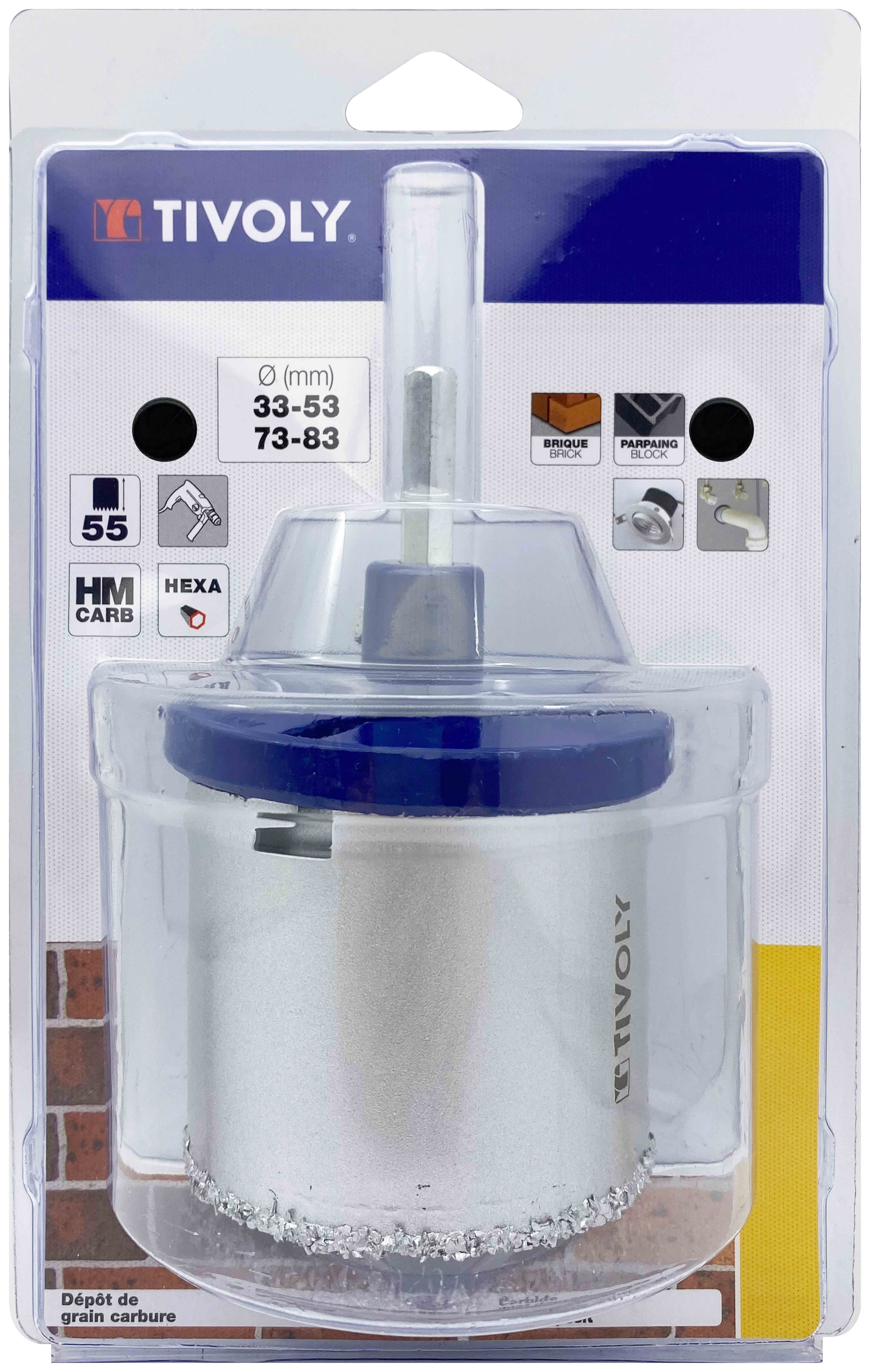 Scie cloche à concrétion carbure HM multi-lames / H: 55 Ø: 33-53-73-83 mm TIVOLY - XT50522052424