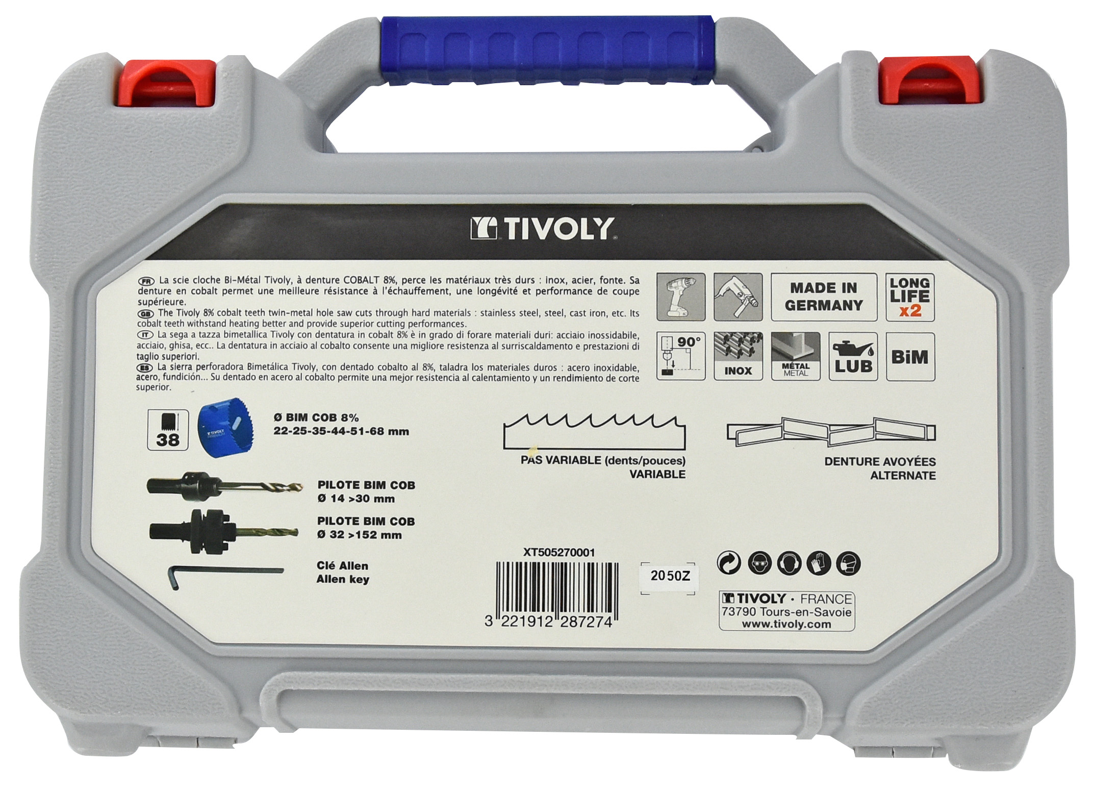Mallette de 9 pièces - 6 scies cloches bi-métal cobalt 8% Ø 22 à 68mm + 2 pilotes + 1 clé Allen TIVOLY - XT505270001