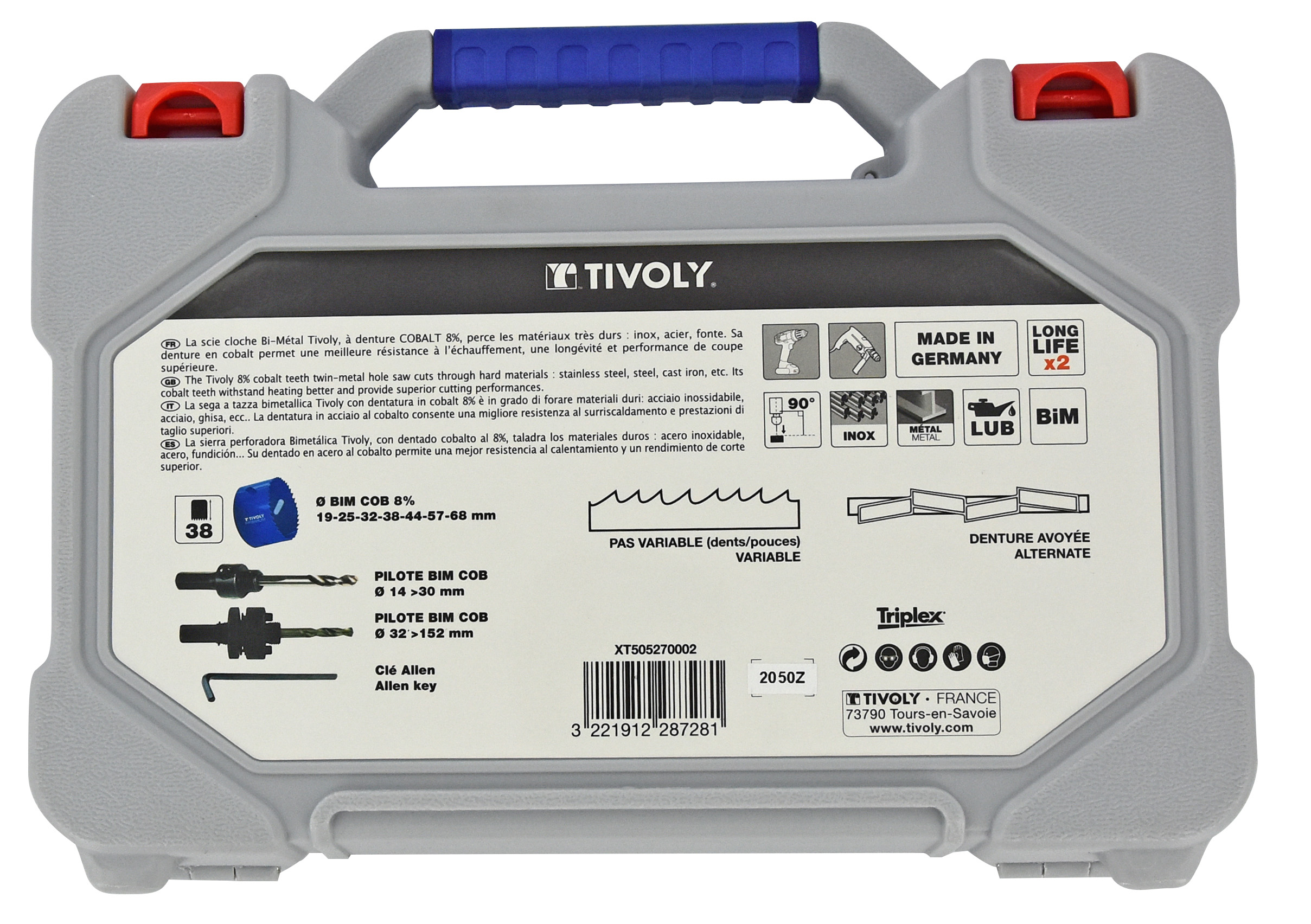 Mallette de 10 pièces - 7 scies cloches bi-métal cobalt 8% Ø 19 à 68mm + 2 pilotes + 1 clé Allen TIVOLY - XT505270002