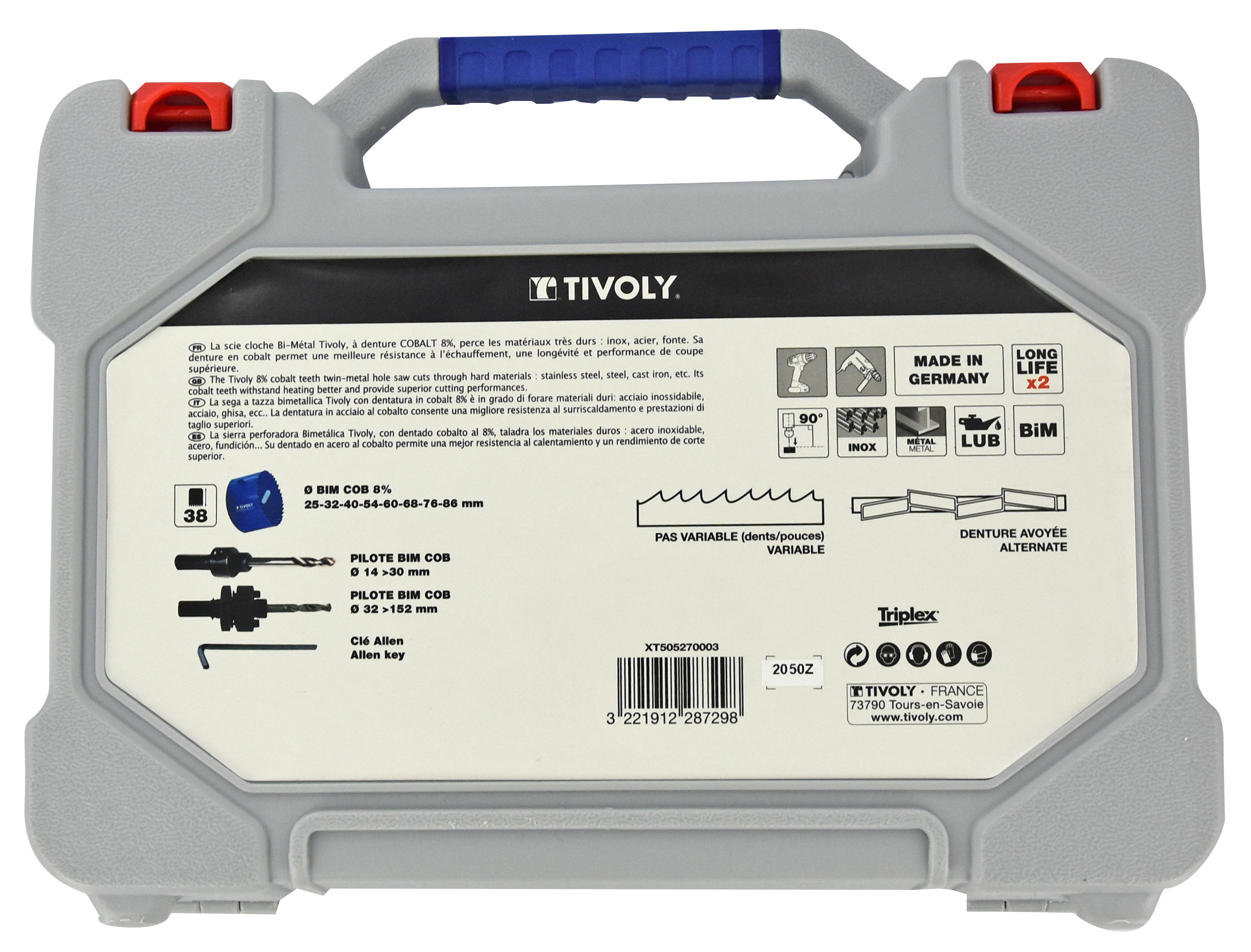 Mallette de 11 pièces - 8 scies cloches bi-métal cobalt 8% Ø 25 à 86mm + 2 pilotes + 1 clé Allen TIVOLY - XT505270003