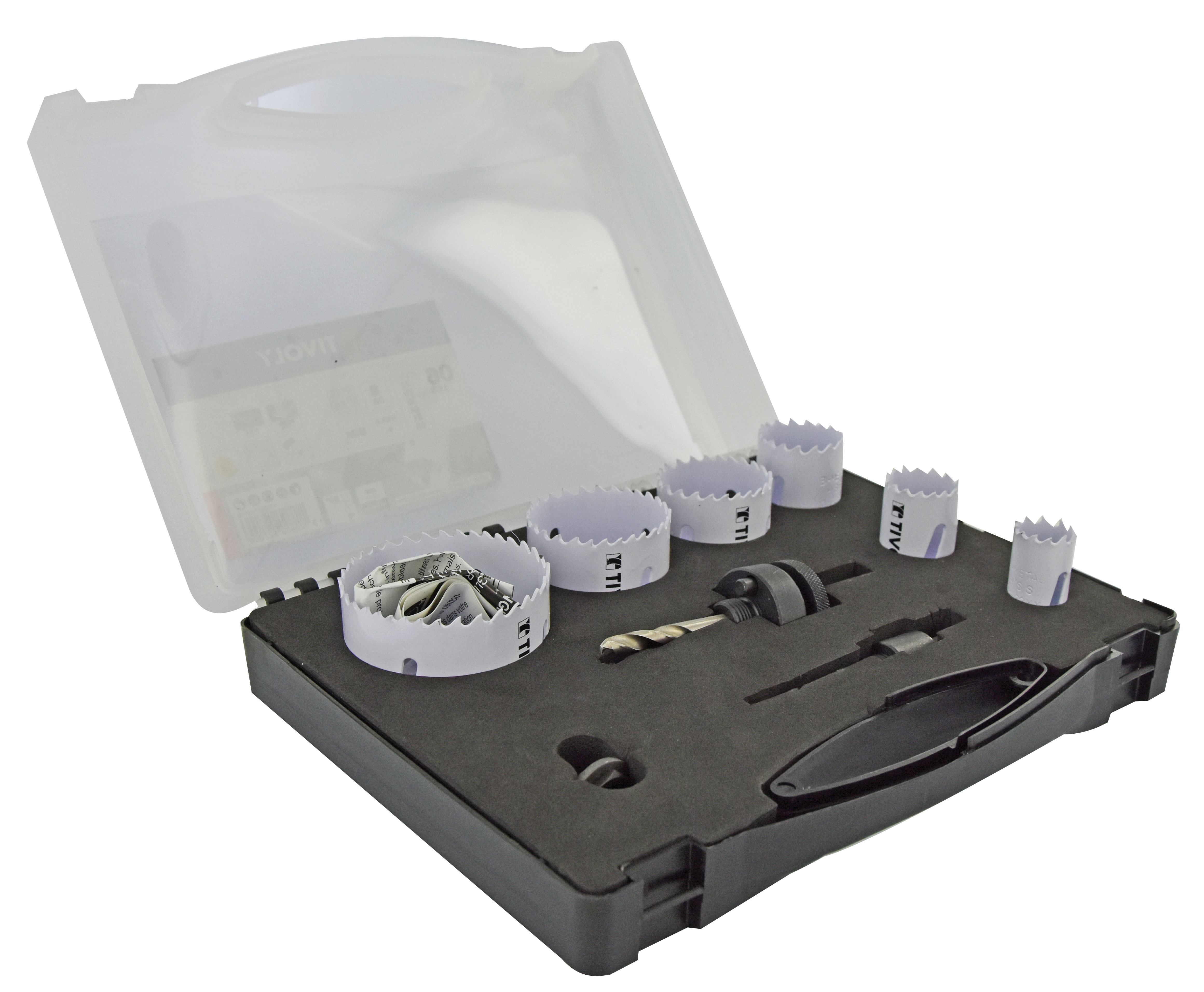 Mallette de 9 pièces - 6 scies cloches bi-métal HSS Ø 22 à 68mm + 2 arbres pilotes + 1 adaptateur TIVOLY - XT50527052700