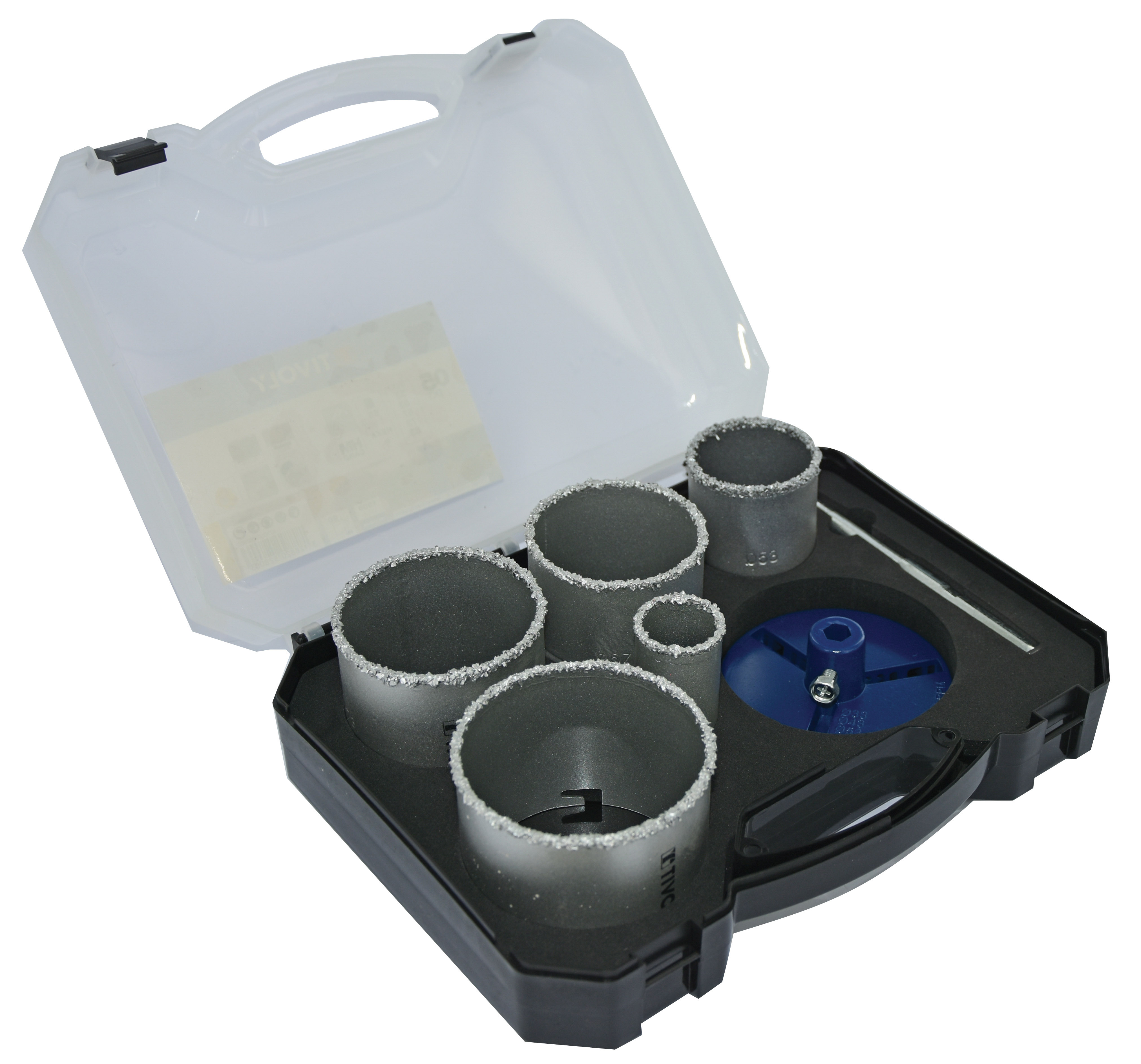 Mallette de 7 pièces - 5 scies cloches à concrétion carbure HM Ø 33 à 83mm + 1 arbre + 1 embase TIVOLY - XT50527052800