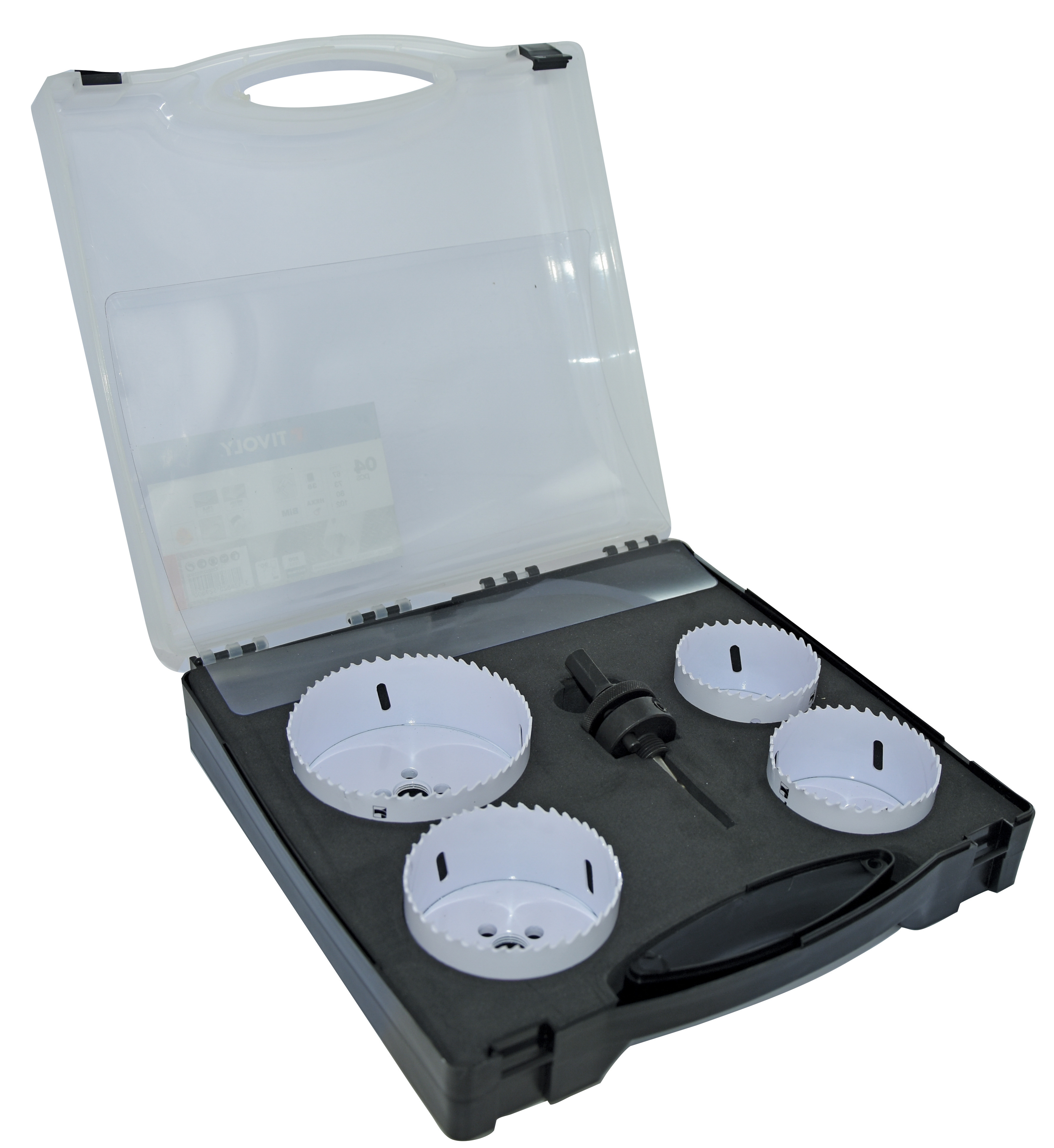 Mallette de 5 pièces - 4 scies cloches bi-métal HSS Ø 67 à 102mm + 1 arbre pilote TIVOLY - XT50527052900