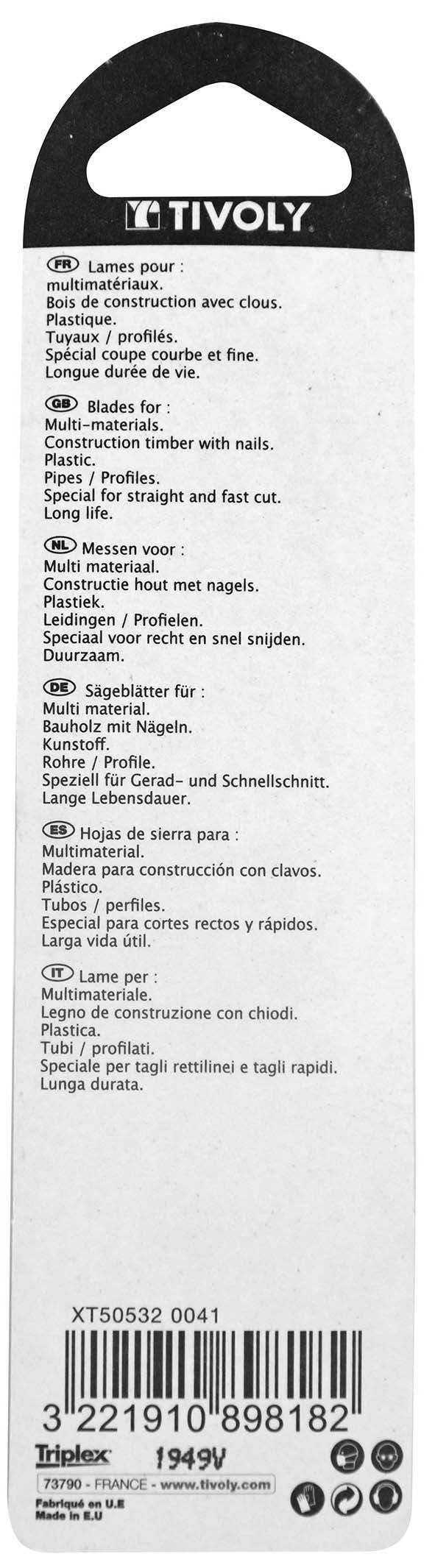 Lame de scie sauteuse -Multimatériaux -Attache U / L: 132 / H: 110 / Droite TIVOLY - XT505320041