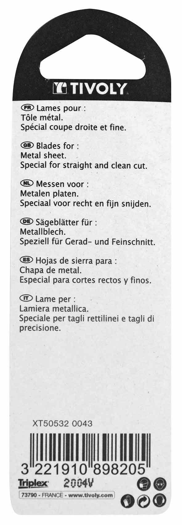 Lame de scie sauteuse -Pour tôle métal -Attache U / L: 75 / H: 50 / Droite TIVOLY - XT505320043