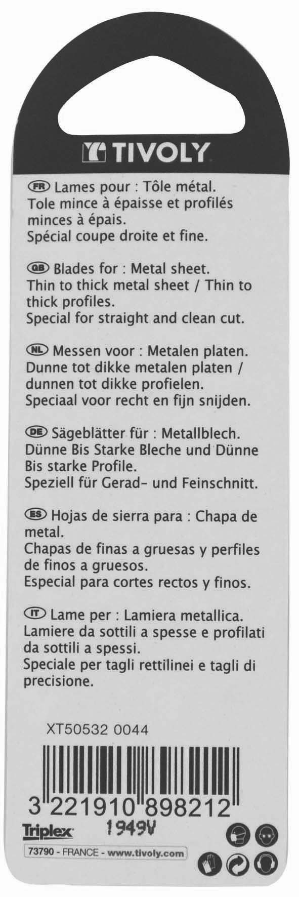 Lame de scie sauteuse -Pour tôle métal -Attache U / L: 100 / H: 75 / Droite TIVOLY - XT505320044
