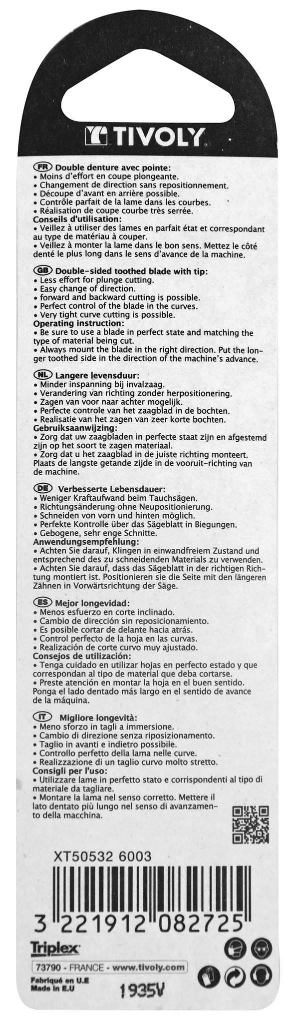 Lame de scie sauteuse -Double denture -Pour bois mélaminé -Attache U / L: 115 / H: 95 / Mixte TIVOLY - XT505326003