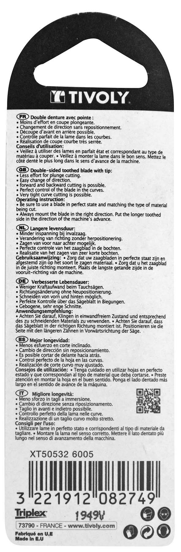 Lame de scie sauteuse -Double denture -Pour bois dur massif -Attache U / L: 100 / H: 75 / Mixte TIVOLY - XT505326005