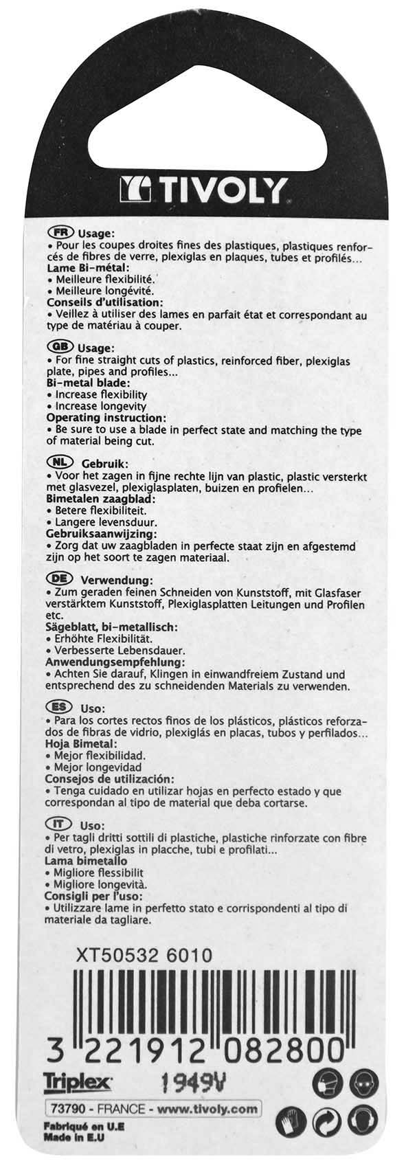Lame de scie sauteuse -Pour plastique, plexiglas et époxy -Attache U / L: 75 / H: 50 / Droite TIVOLY - XT505326010