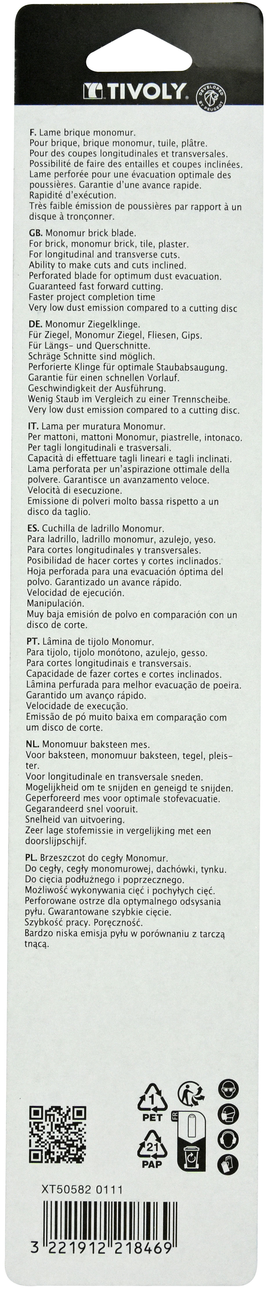 Lame de scie sabre -Pour matériaux abrasifs -Attache universelle / L: 305 / H: / Droite TIVOLY - XT505820111