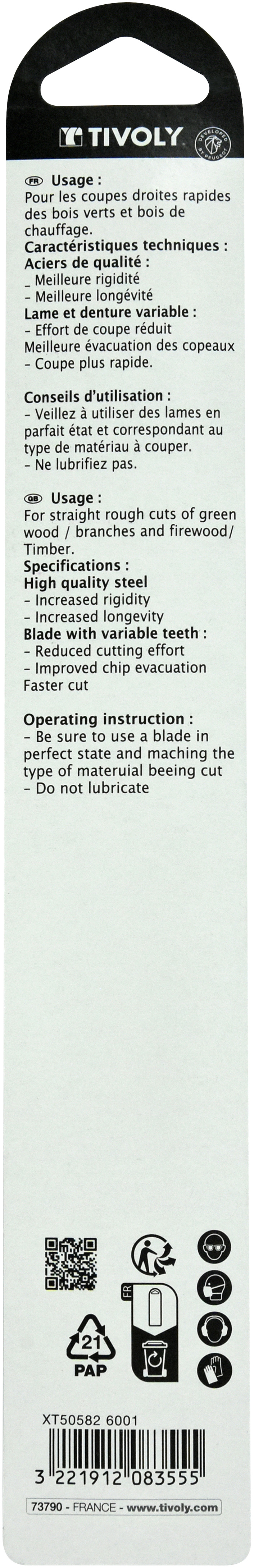 Lame de scie sabre -Pour élagage et bois de chauffage -Attache universelle / L: 230 / H: 210 / Mixte TIVOLY - XT505826001