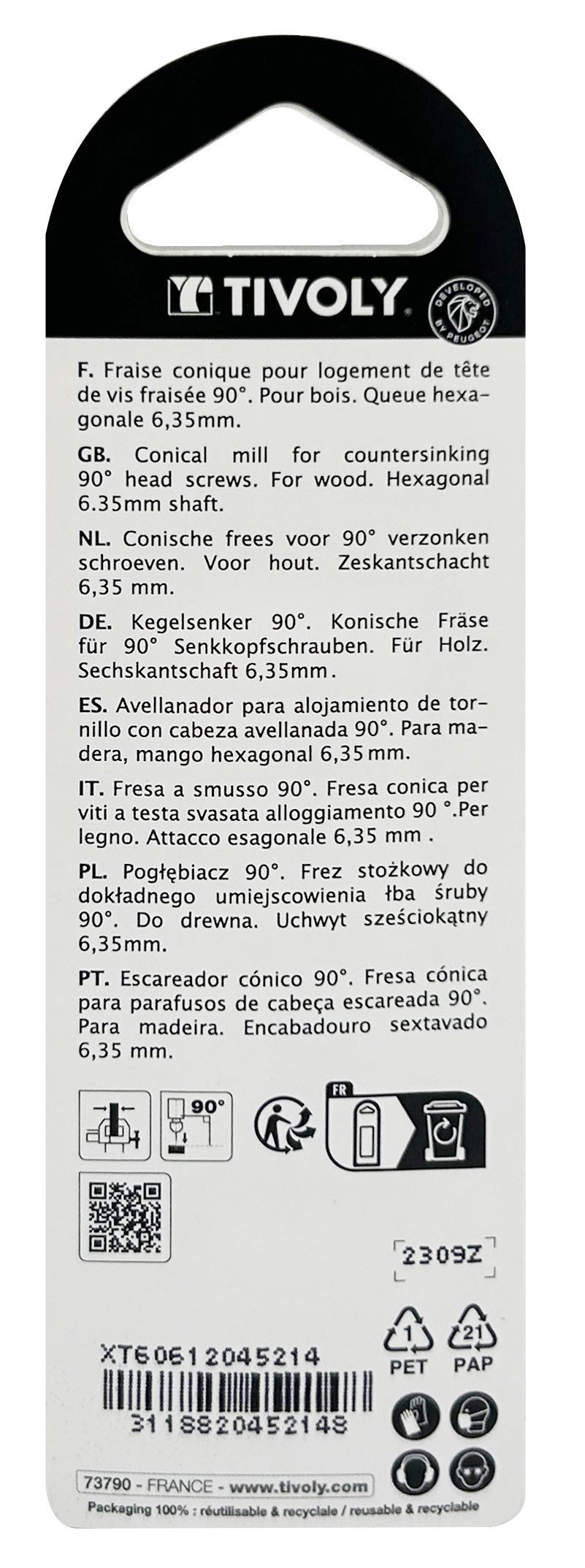 Fraise à noyer acier au carbone à 90° -Queue hexagonale -special bois / Ø: 10 / L: 38 TIVOLY - XT60612045214
