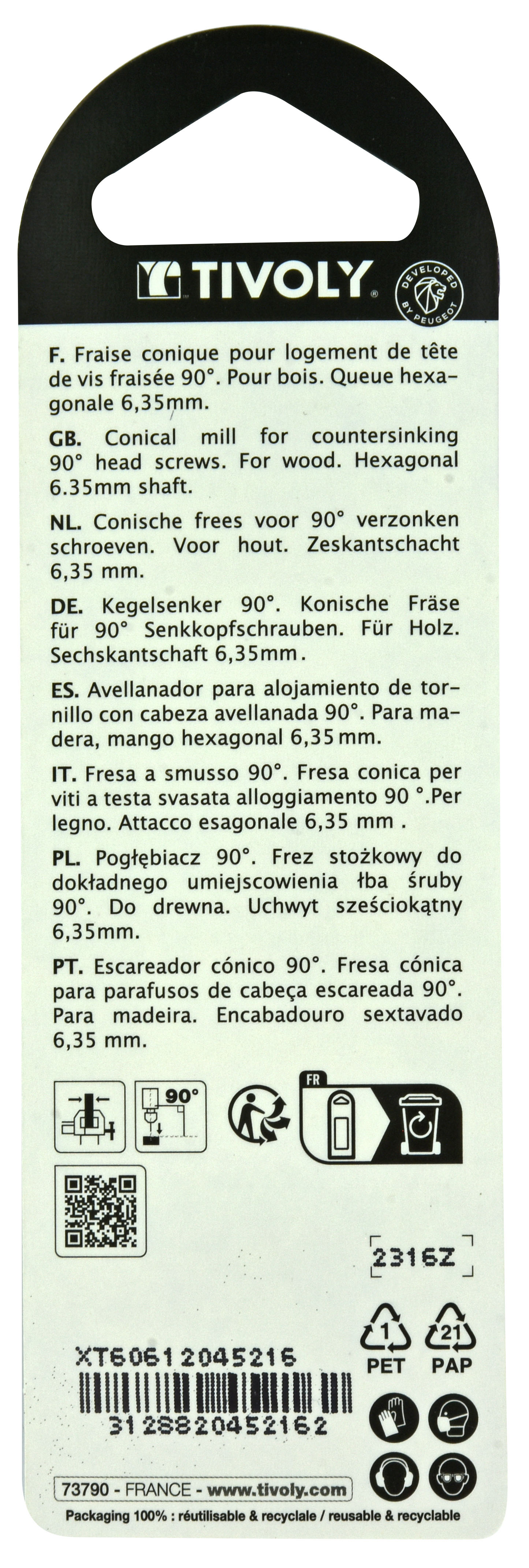 Fraise à noyer acier au carbone à 90° -Queue hexagonale -special bois / Ø: 16 / L: 42 TIVOLY - XT60612045216
