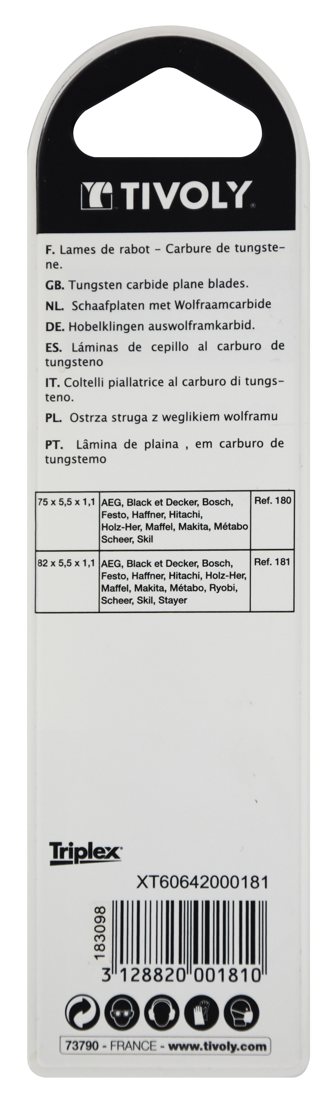 Lame de rabot réversible L 75x5,5x1,1 mm TIVOLY - XT60642000180