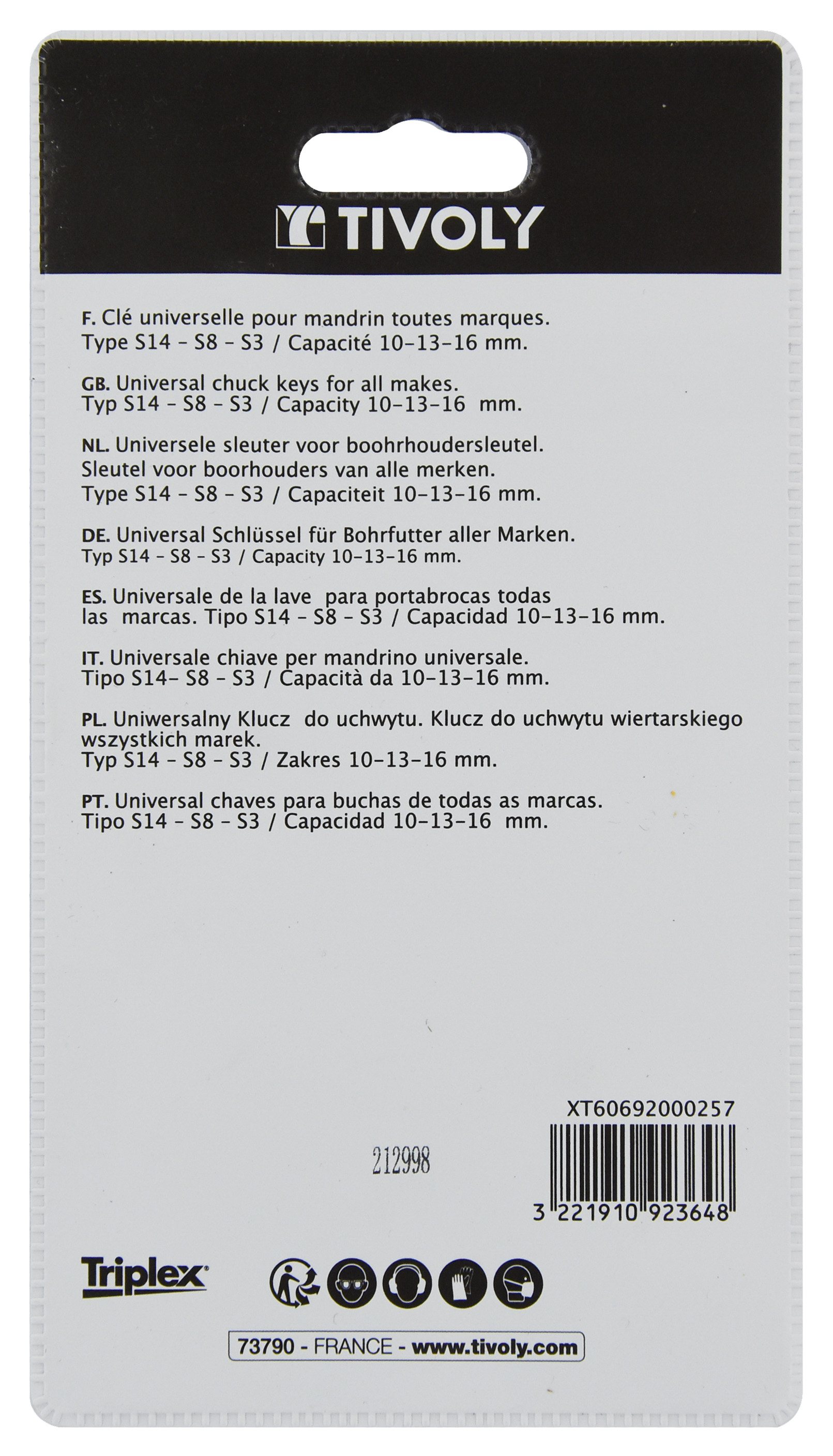 Clé mandrin universelle Ø 10- 13- 16mm TIVOLY - XT60692000257