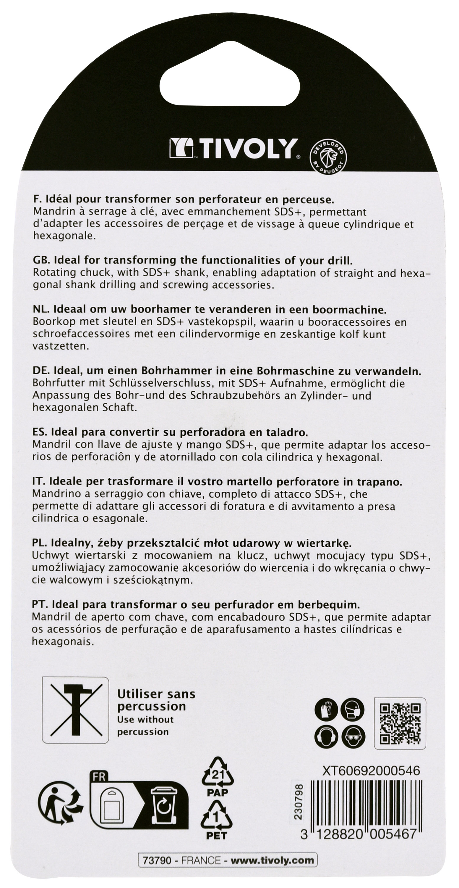 Mandrin à clé SDS+ Ø 1,5 à 13mm TIVOLY - XT60692000546