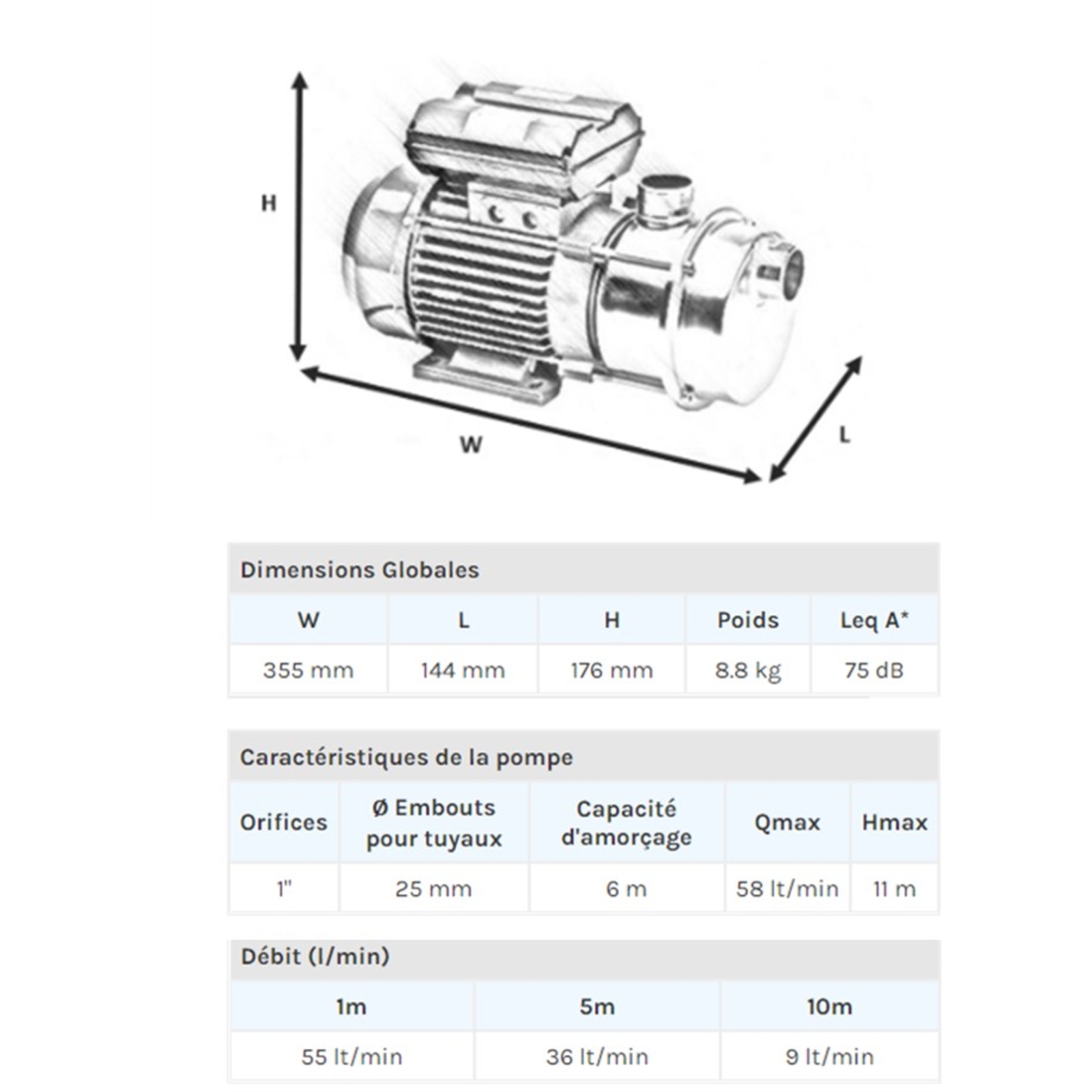POMPE LIQUIDE ALIMENTAIRE 12V INOX 0,44KW - RENSON - 110830