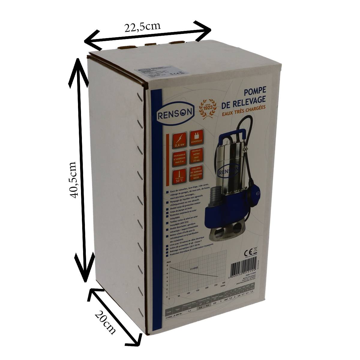 POMPE DE RELEVAGE 230V 0,6KW  CORPS FONTE EAUX CHARGEES - RENSON - 111042