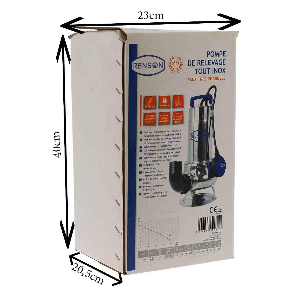 POMPE DE RELEVAGE 230V 0,75KW INOX EAUX CHARGEES - RENSON - 111080