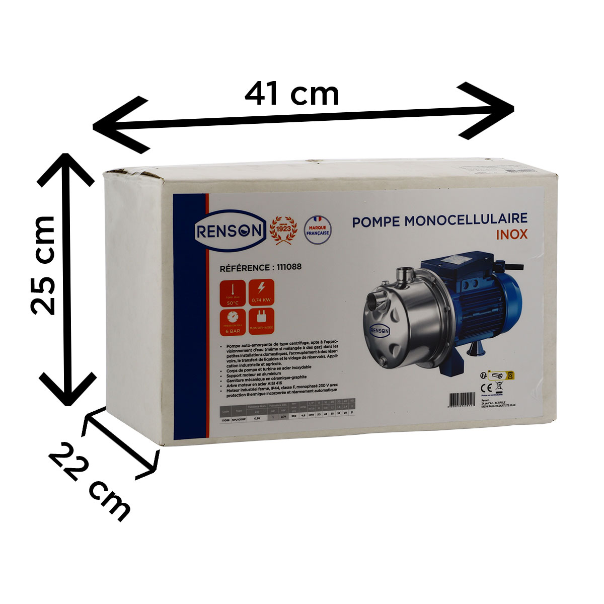 POMPE 230V INOX 0,74KW MONOCELLULAIRE - NPU100MP - RENSON - 111088