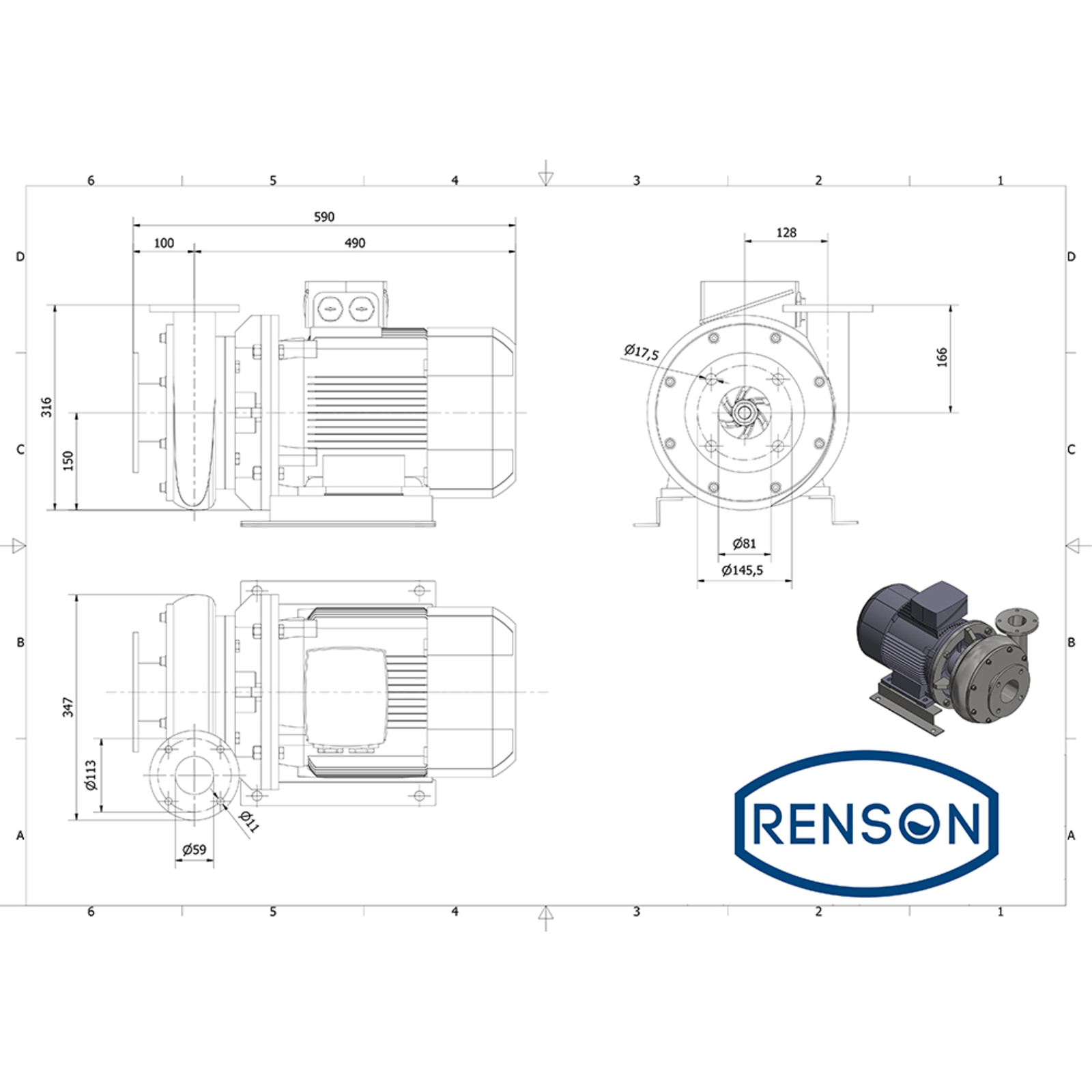POMPE HORIZONTALE 1000 L/MIN  380V 7.5KW EN INOX - RENSON - 818199